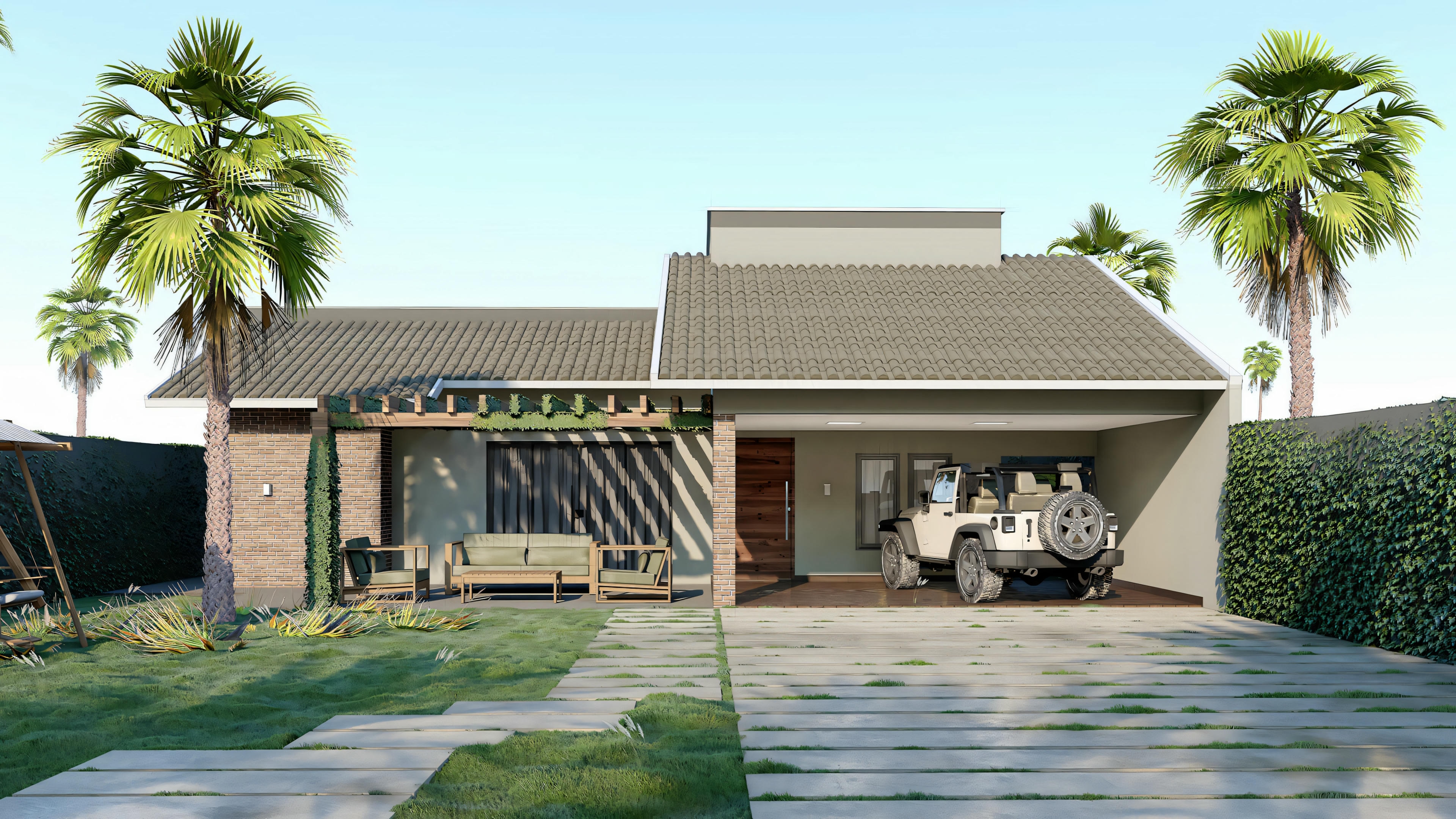 Exterior of a modern house with a flat roof, large windows, and landscaped front yard.