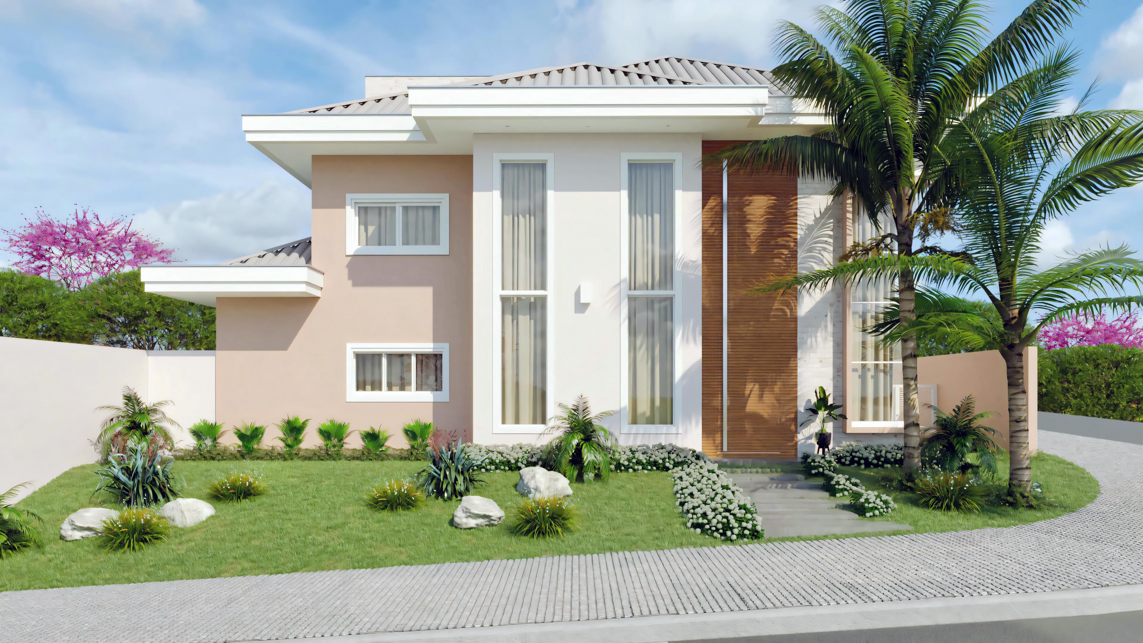 A modern one-story house with a prominent front entrance, large windows, and light-colored exterior finish. There are palm trees and shrubs around the house, suggesting a landscaped garden.
