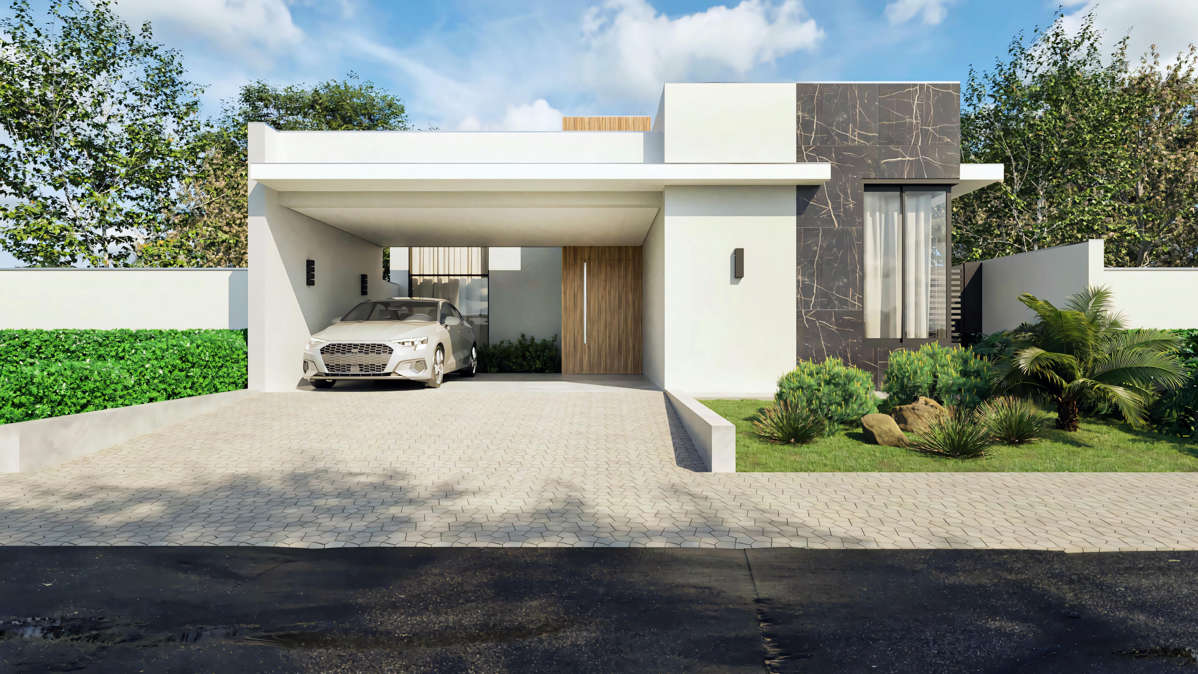 Modern ranch house facade with 3 suites, 2-car garage, gourmet area, and pool. Project on a 12x30 lot, with 196m² of built area, highlighting dark stone cladding, wooden door, and front landscaping.