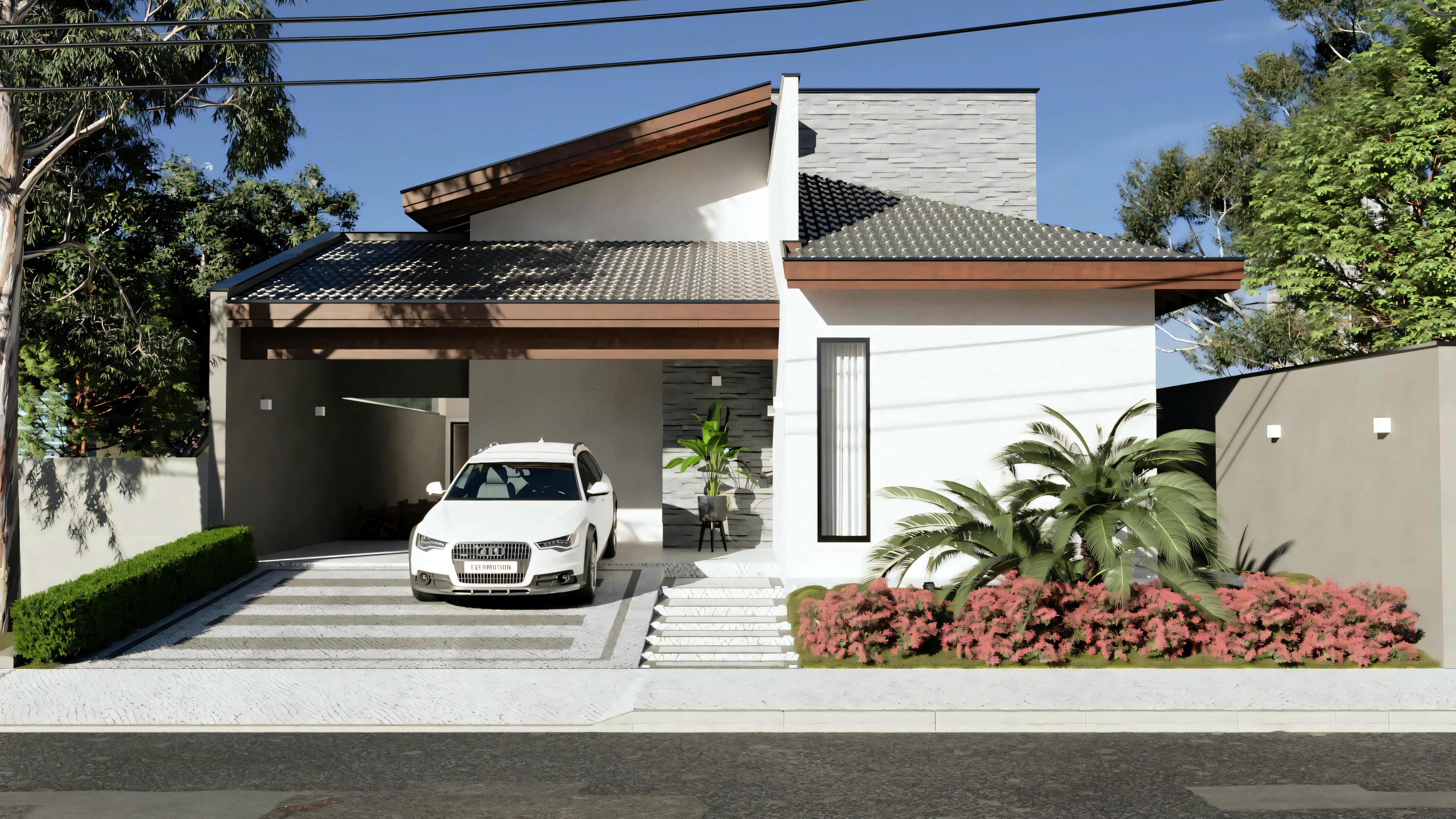 Facade of a modern ranch house with exposed wood and structure roof, 183sqm residential project with 3 bedrooms, 2-car garage and landscaping.