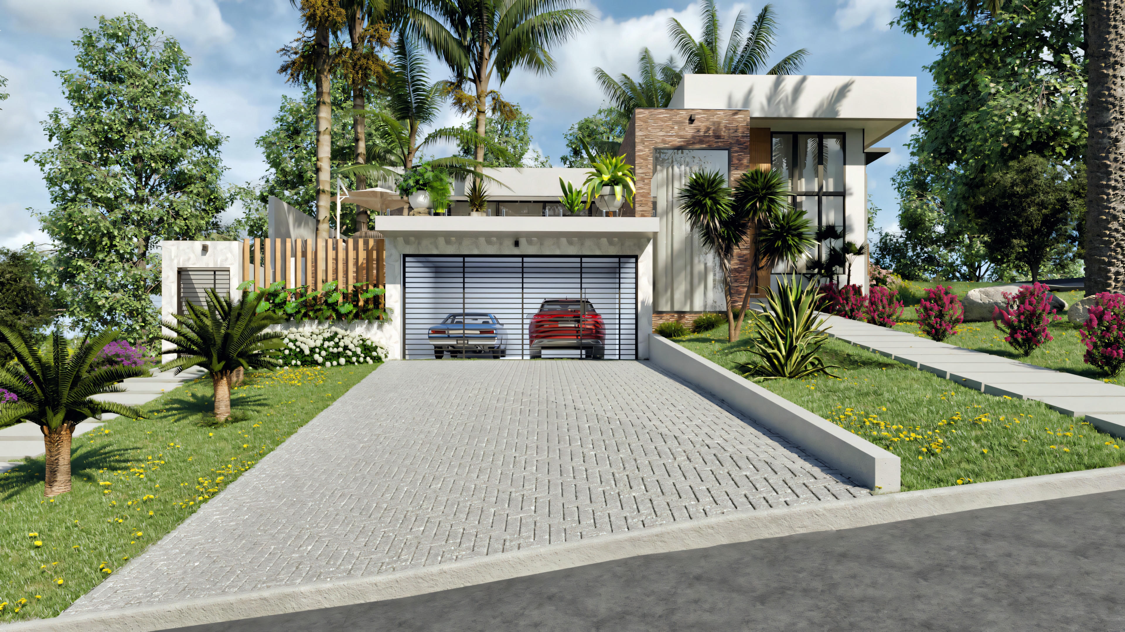 A modern residential house with a prominent garage and driveway, surrounded by landscaped areas with various plants and trees.