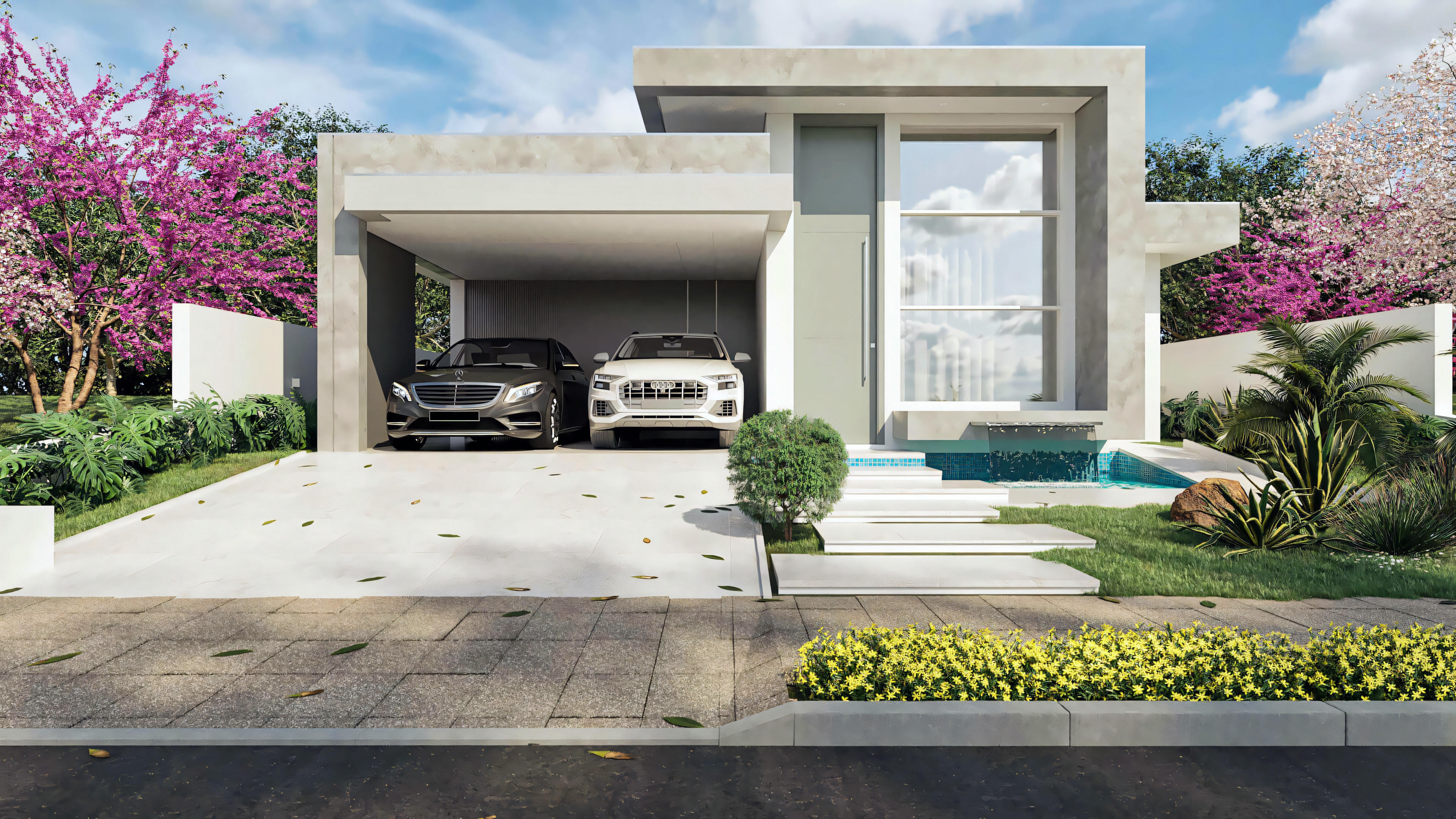 Facade photo of a modern single-story house, a 3-bedroom project with 2 covered garage spaces, featuring contemporary design, large window, and landscaping with a water feature at the entrance.