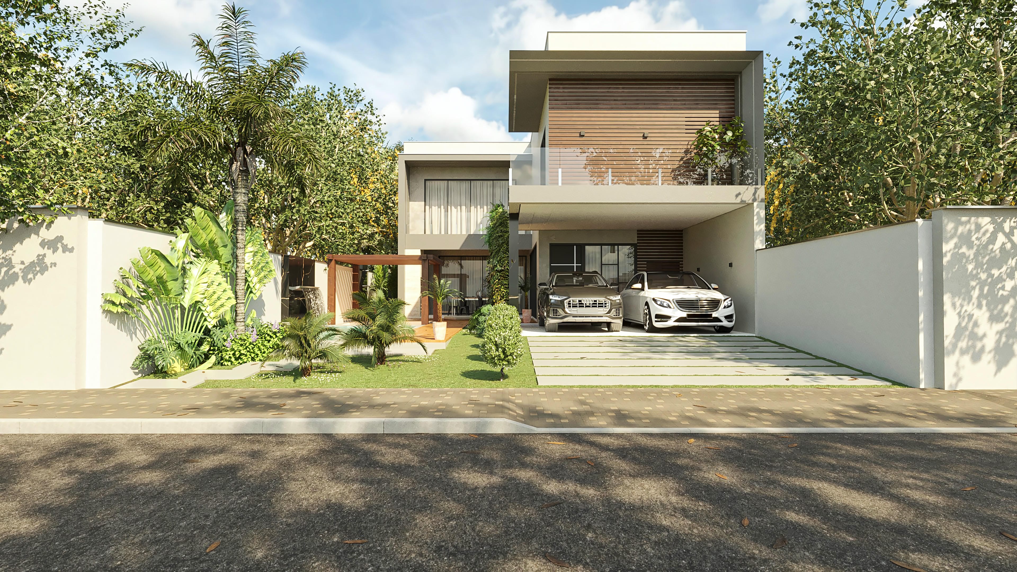 Modern facade of a two-story house with 4 suites, featuring geometric volumes, wood cladding, and large glass windows. The outdoor area includes a pool and gourmet area.