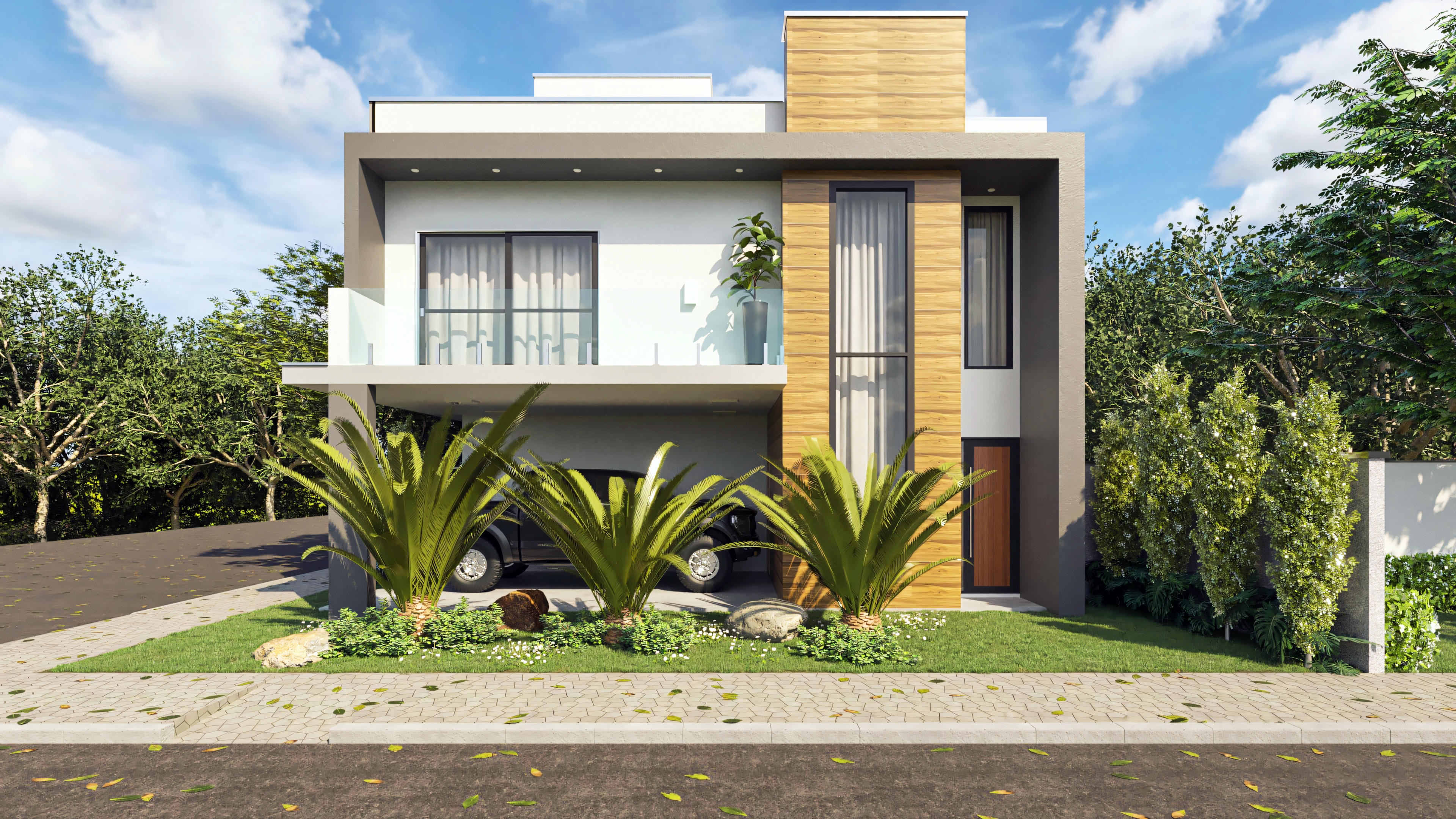Front facade of a modern two-story house with an upstairs balcony and glass railing. House model with 4 bedrooms (3 suites), covered garage for two cars, and vertical wood cladding. Built area of 210.57sqm.