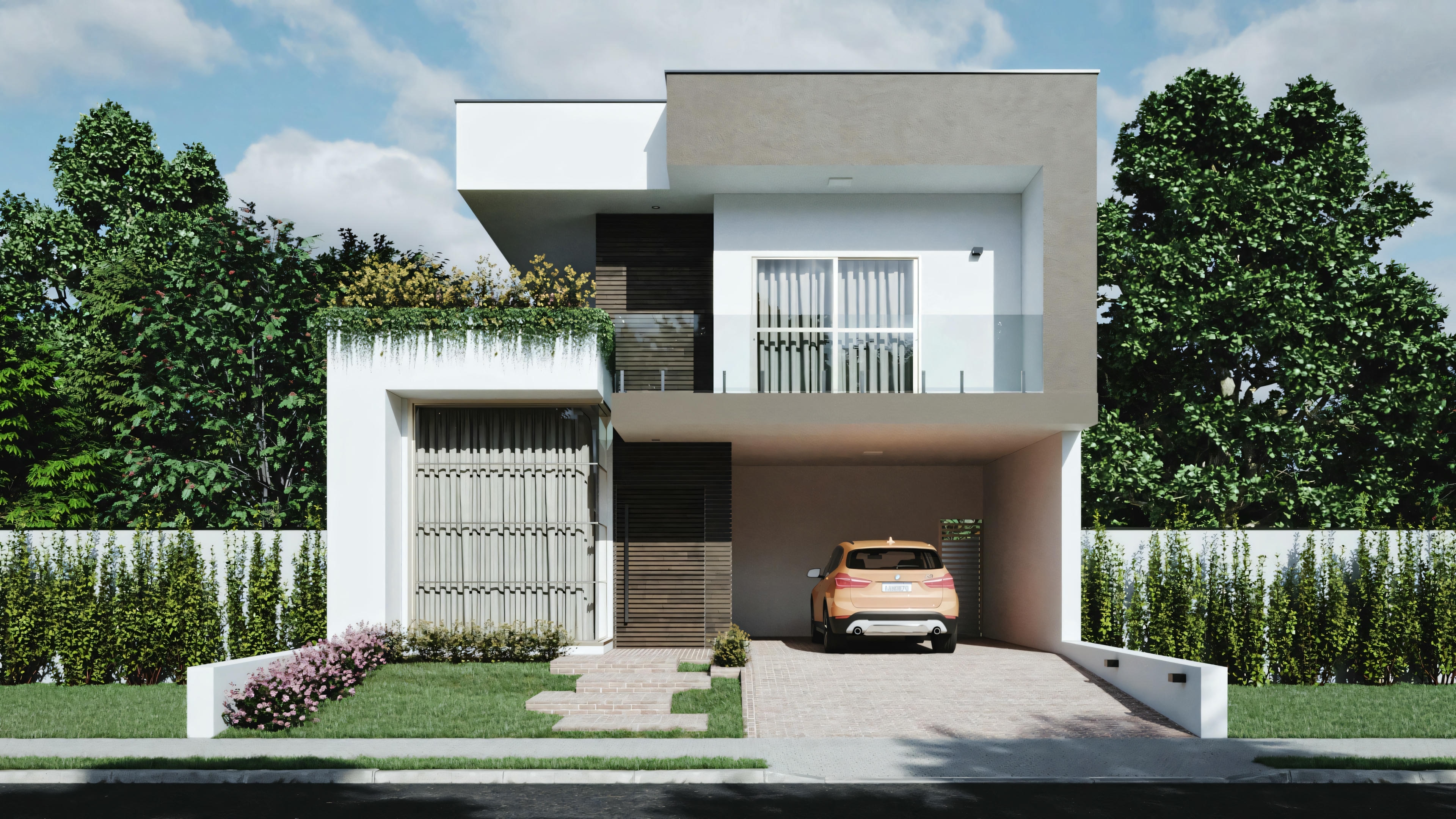 Facade of a modern two-story house with glass balconies and a flat roof.