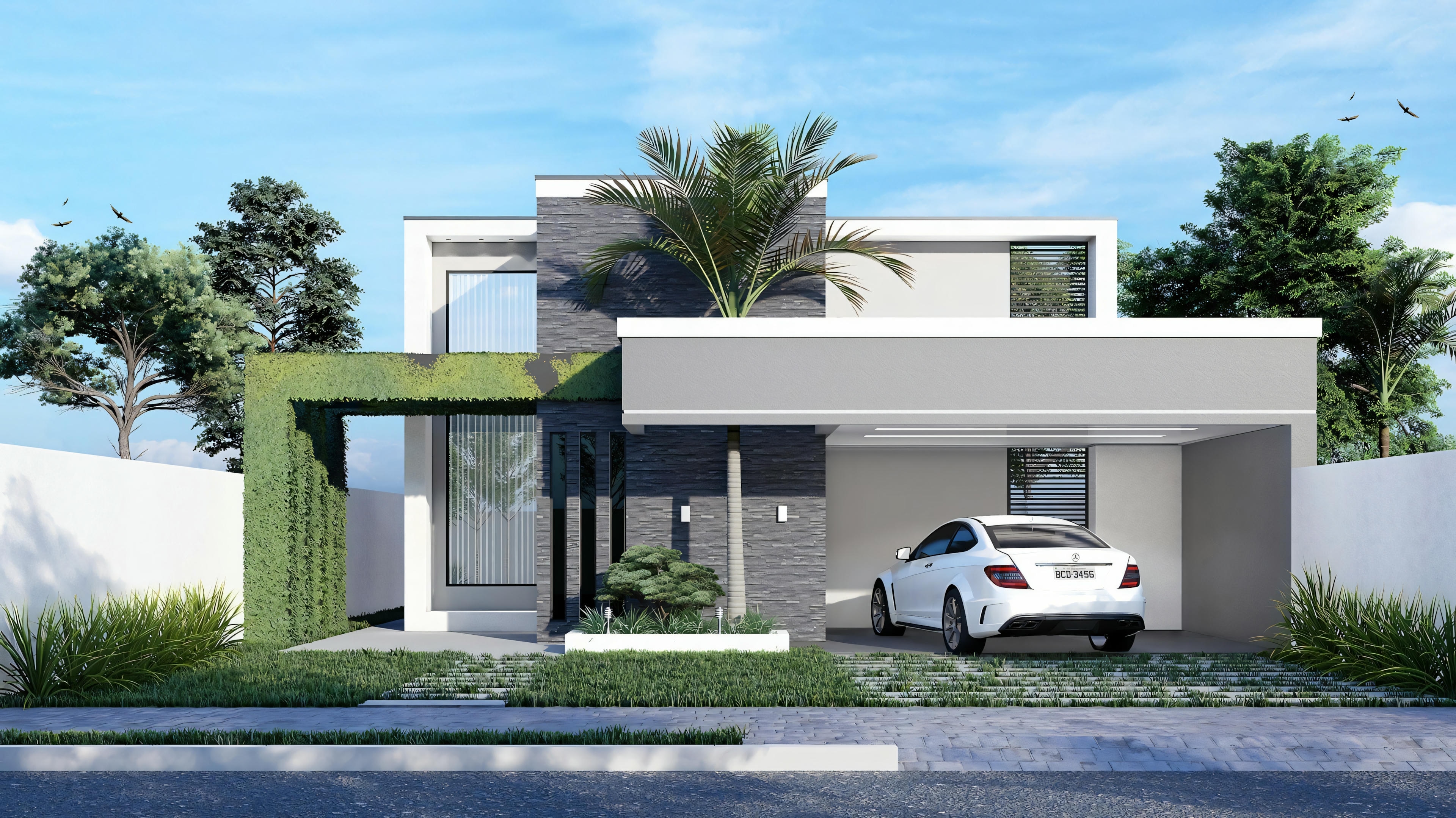 Facade of a modern two-story house with a flat roof, large windows, and an attached garage.