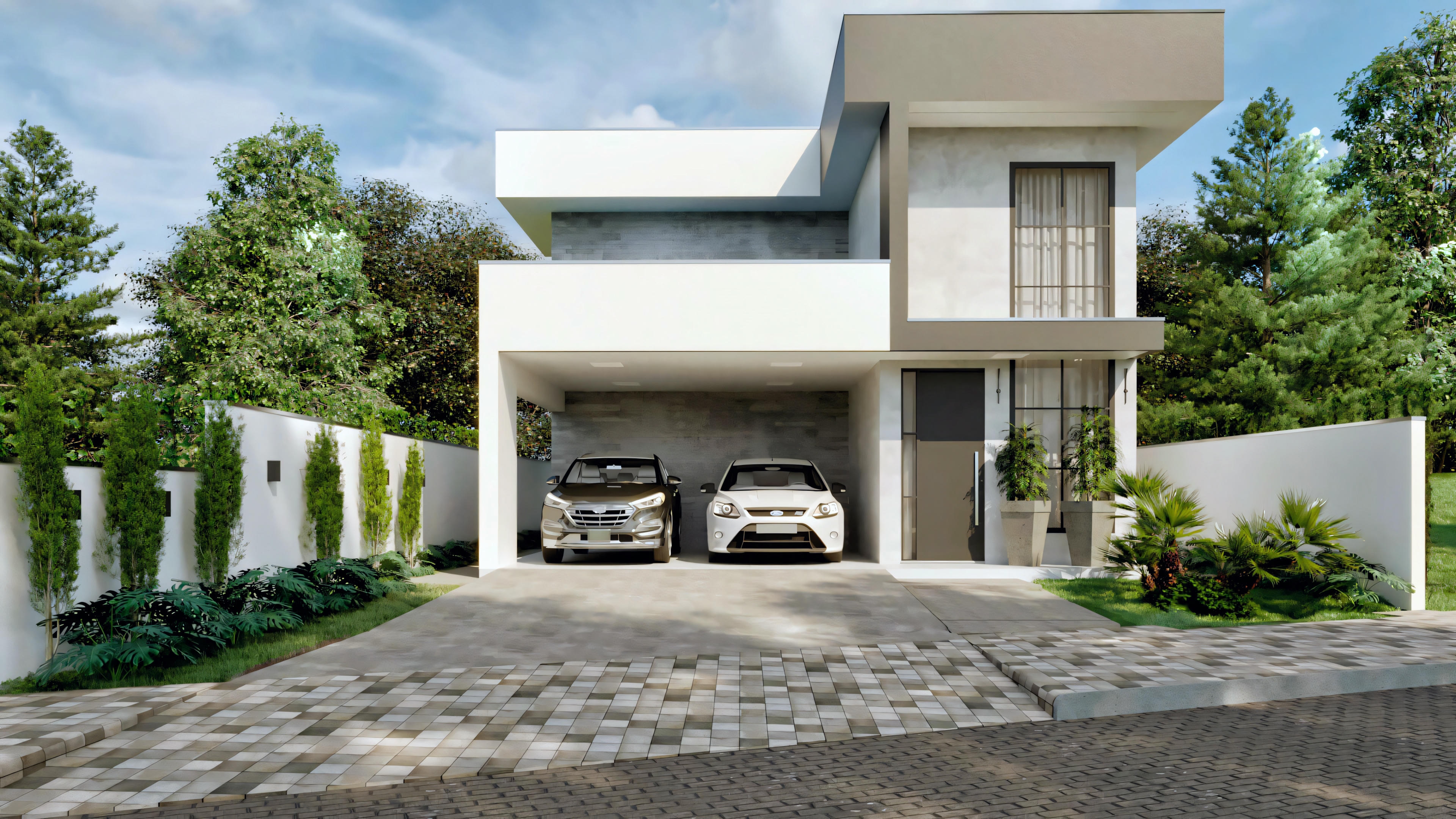 Multi-level house with garage and a visible car inside.