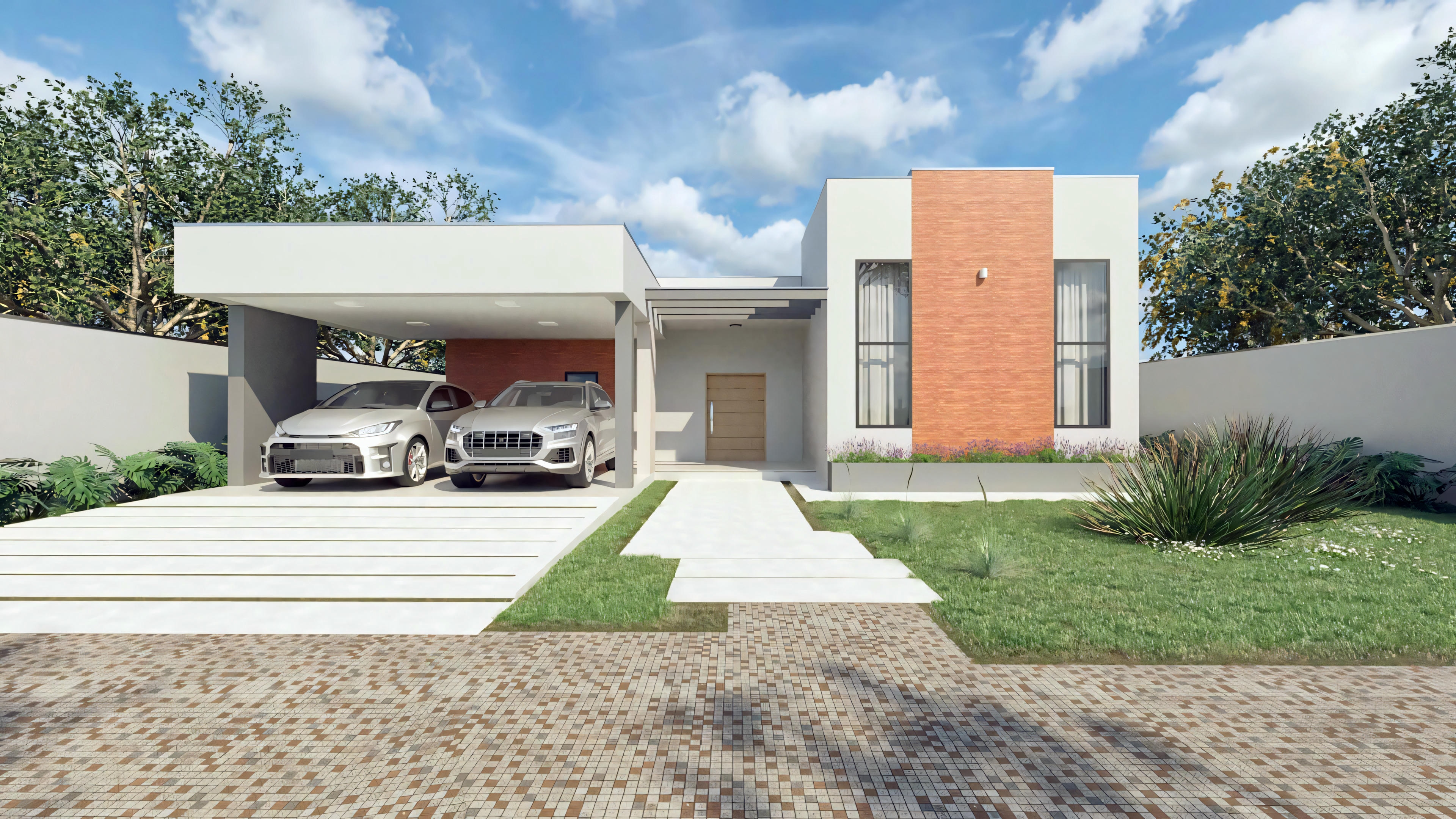 Fachada moderna de casa térrea com 3 suítes, parte do projeto de 276.43m² em terreno 20x50, com garagem para 2 carros, detalhes em revestimento amadeirado e paisagismo.