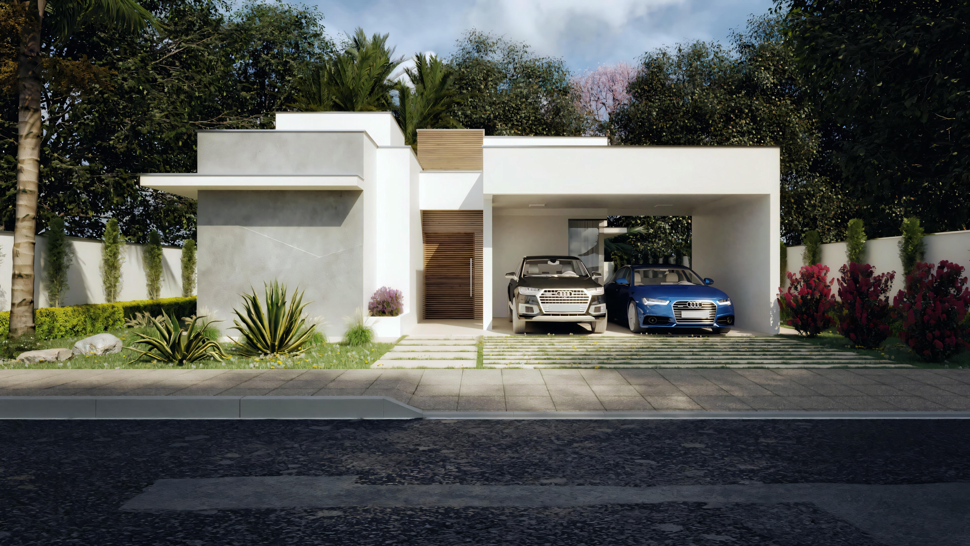 Proyecto listo de casa de planta baja con 2 suites y 170.8m² de área construida en terreno 18x30m. Fachada moderna con platibanda, garaje cubierto para 2 autos, y 3 habitaciones en total. Ideal para quien busca una planta de casa de planta baja funcional con área gourmet.