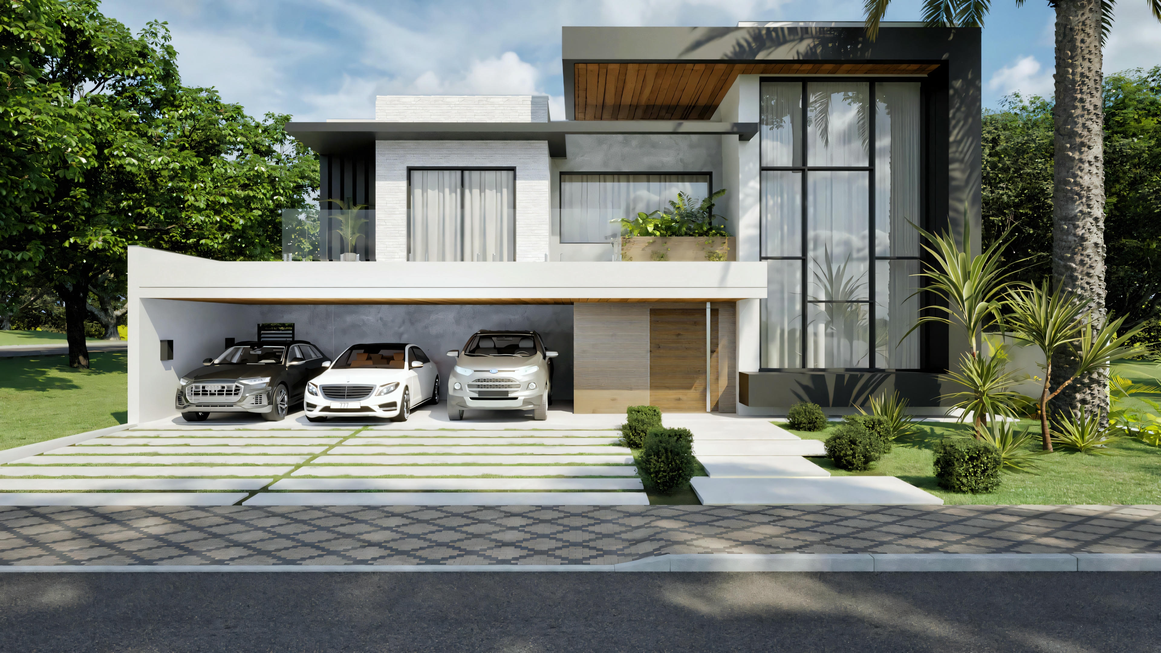 Fachada frontal de proyecto de mansión moderna e imponente, con 555.9m² en terreno 20x35. Se destaca el garaje para 3 autos, grandes paneles de vidrio, y acabados en hormigón y madera. Proyecto con 4 suites, oficina y área gourmet.