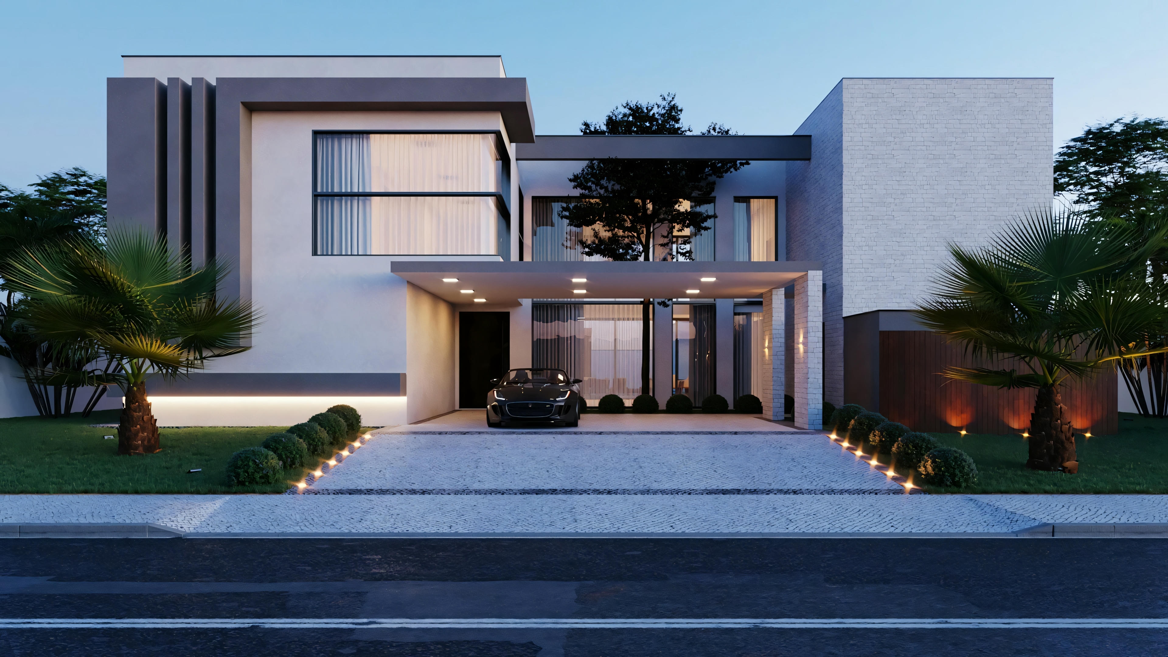 Fachada frontal de proyecto de mansión moderna e imponente, con 555.9m² en terreno 20x35. Destaca el garaje para 3 coches, grandes paneles de vidrio, y acabados en hormigón y madera. Proyecto con 4 suites, oficina y área gourmet.