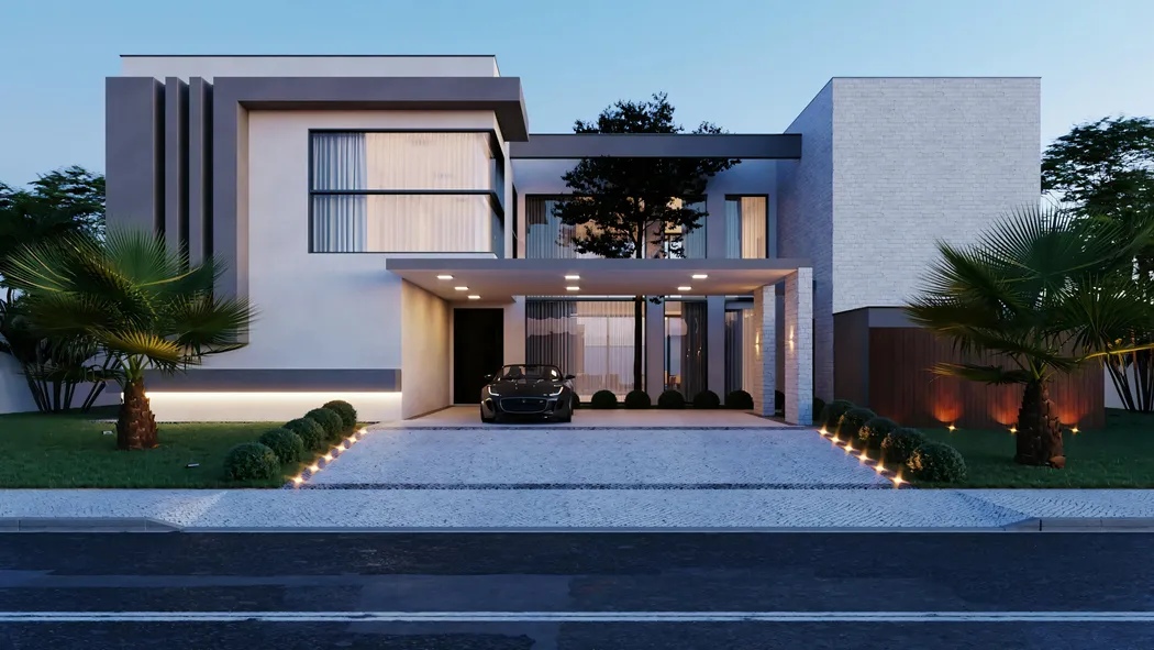 Fachada frontal de proyecto de mansión moderna e imponente, con 555.9m² en terreno 20x35. Destaca el garaje para 3 coches, grandes paneles de vidrio, y acabados en hormigón y madera. Proyecto con 4 suites, oficina y área gourmet.