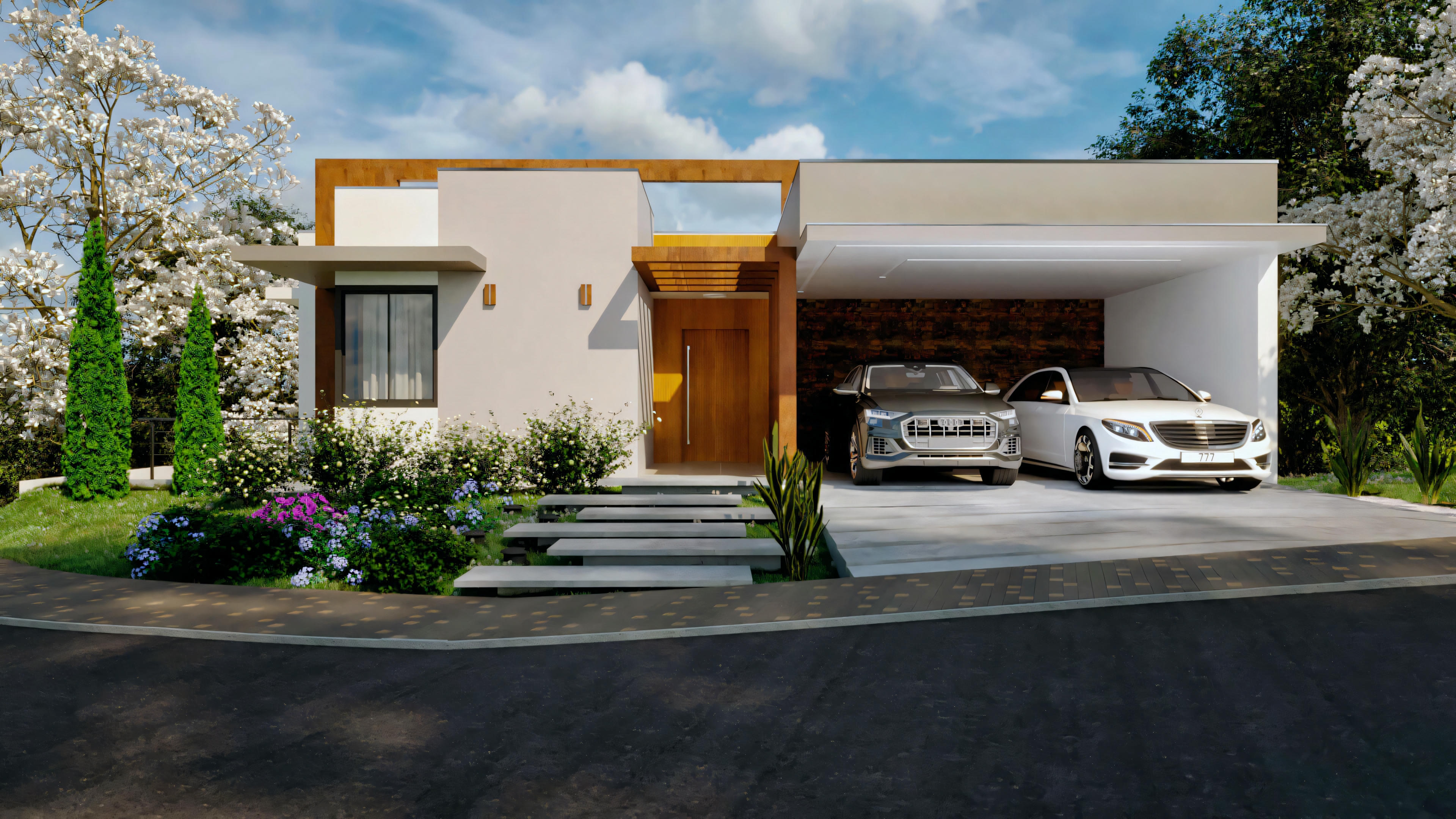 Facade of a ready-made project for a modern single-story house with 364.7m² built on an 18x35 lot. It has 5 suites, a garage for 2 cars, wooden details, and landscaping at the entrance.