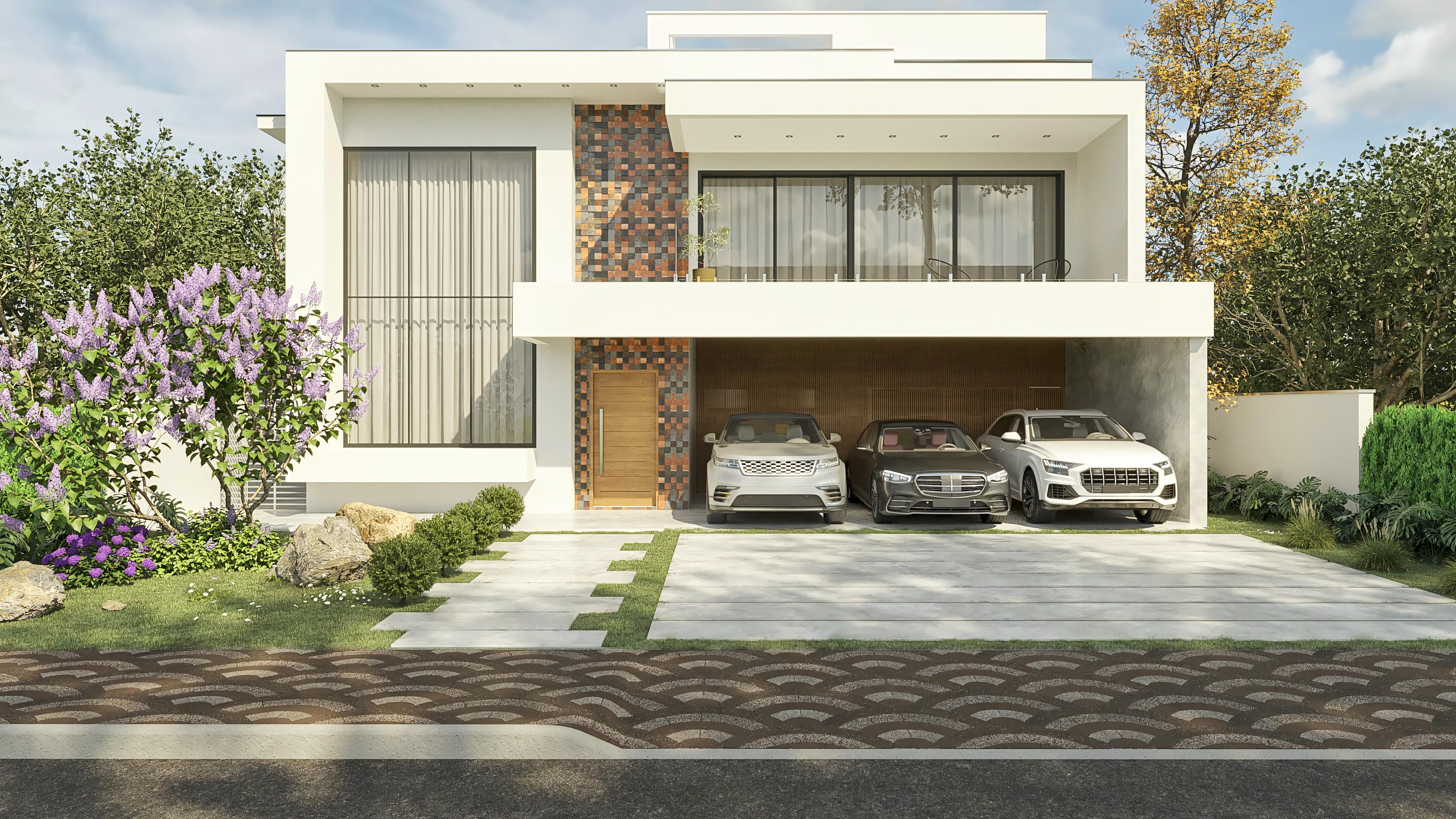 Fachada moderna de sobrado com 4 suítes, escritório e ampla garagem. Detalhes em mosaico e madeira.