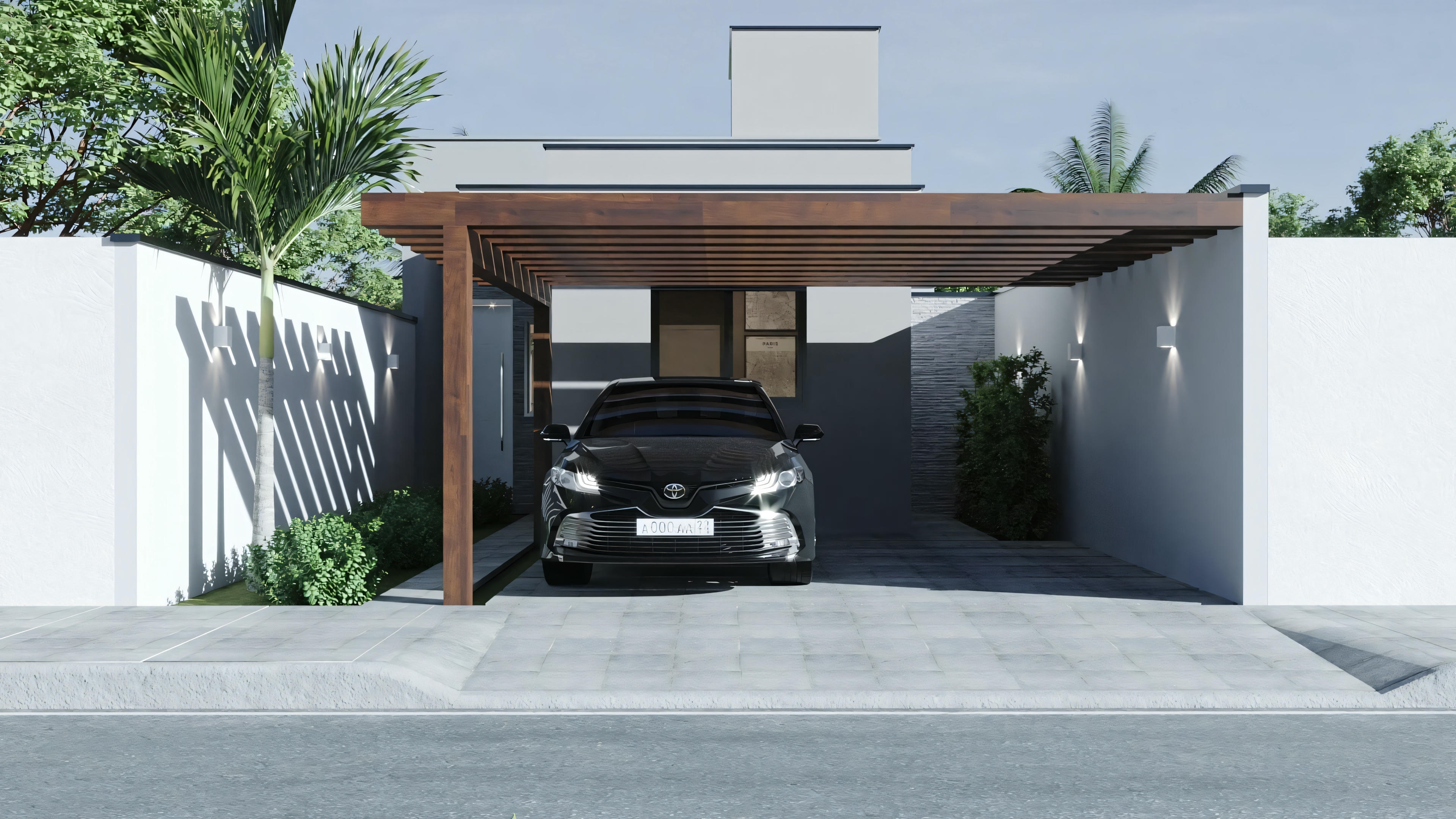 Vista frontal de uma casa moderna com carro estacionado na entrada.