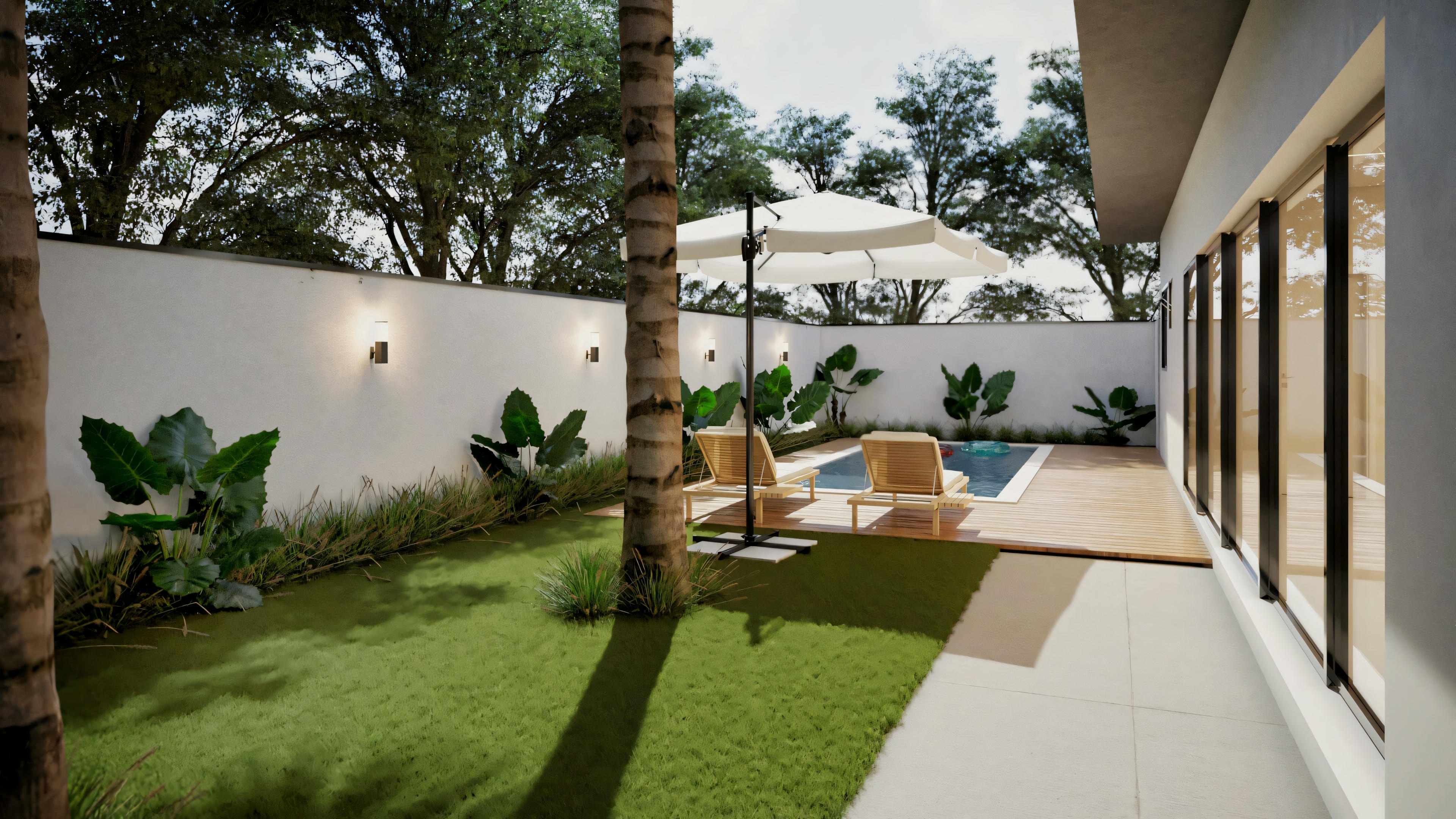 Área externa com pátio, assentos e decoração com plantas, parcialmente coberta pela estrutura da casa.