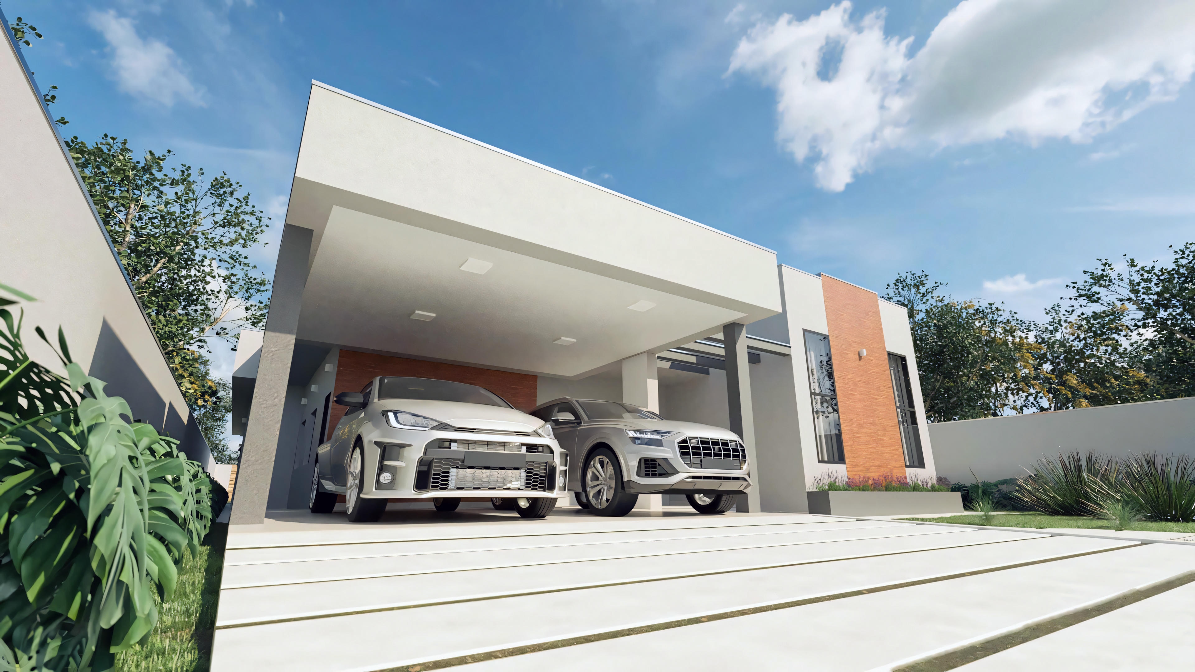 View of the covered garage for two cars in a bungalow house project with 3 suites and 276.43m²; modern facade with light cladding details and main entrance.