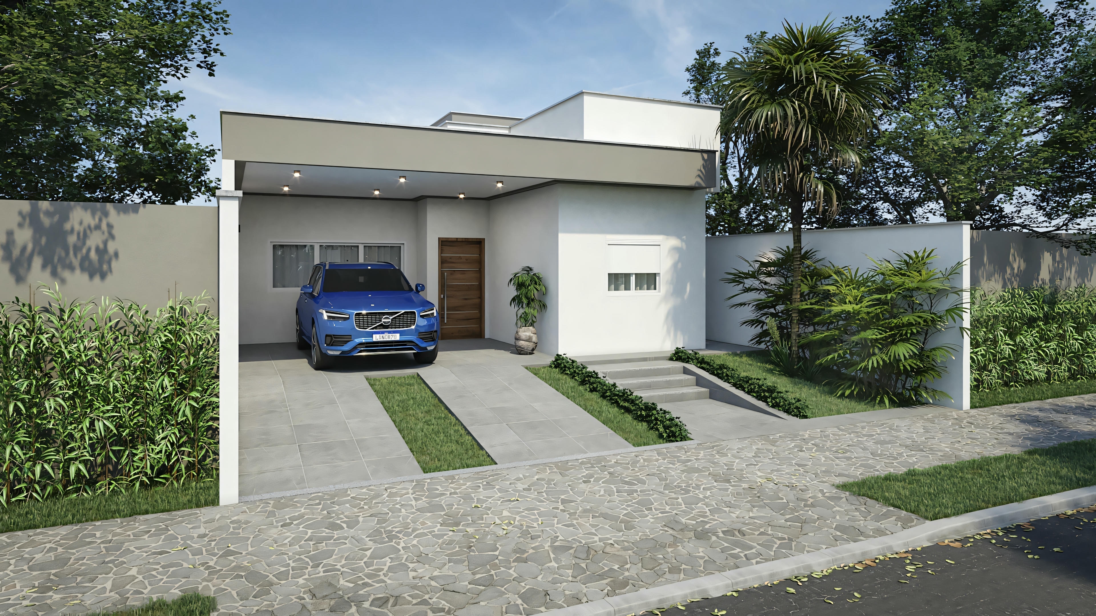 Vista de um ângulo diferente da mesma propriedade, focando no caminho que leva à porta da frente e mostrando parte da entrada da garagem com outro carro estacionado.