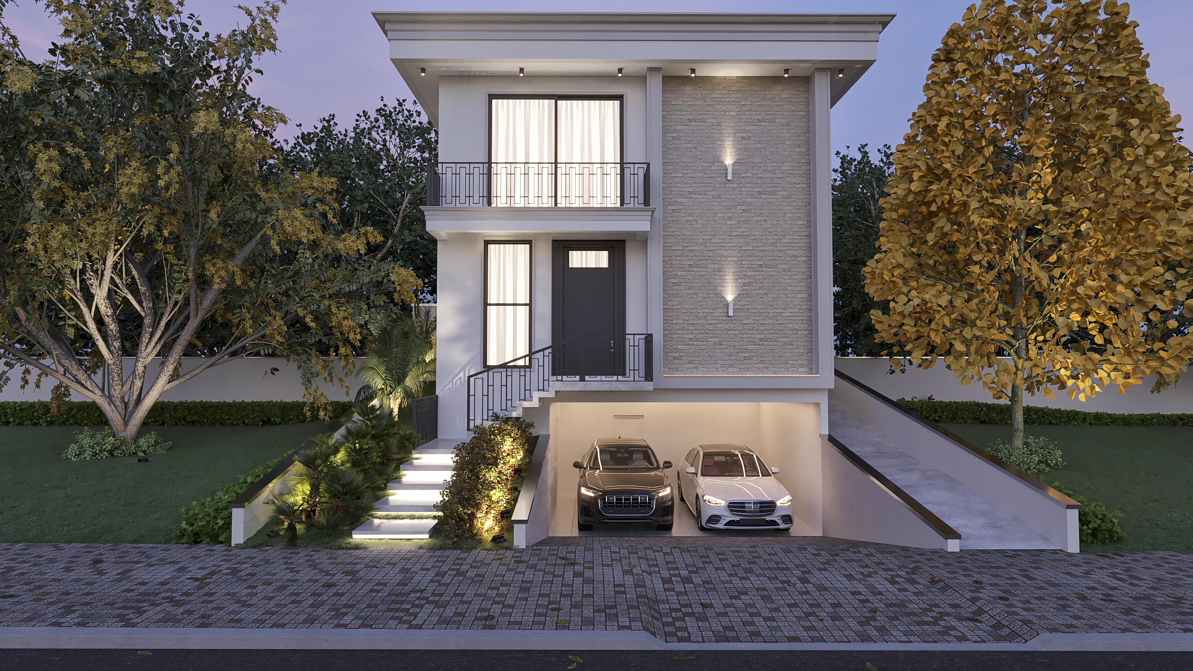 Fachada clássica de sobrado de luxo com 4 suítes, área gourmet e home office em lote plano. A casa possui 2 vagas de garagem, piscina e revestimento em pedra.