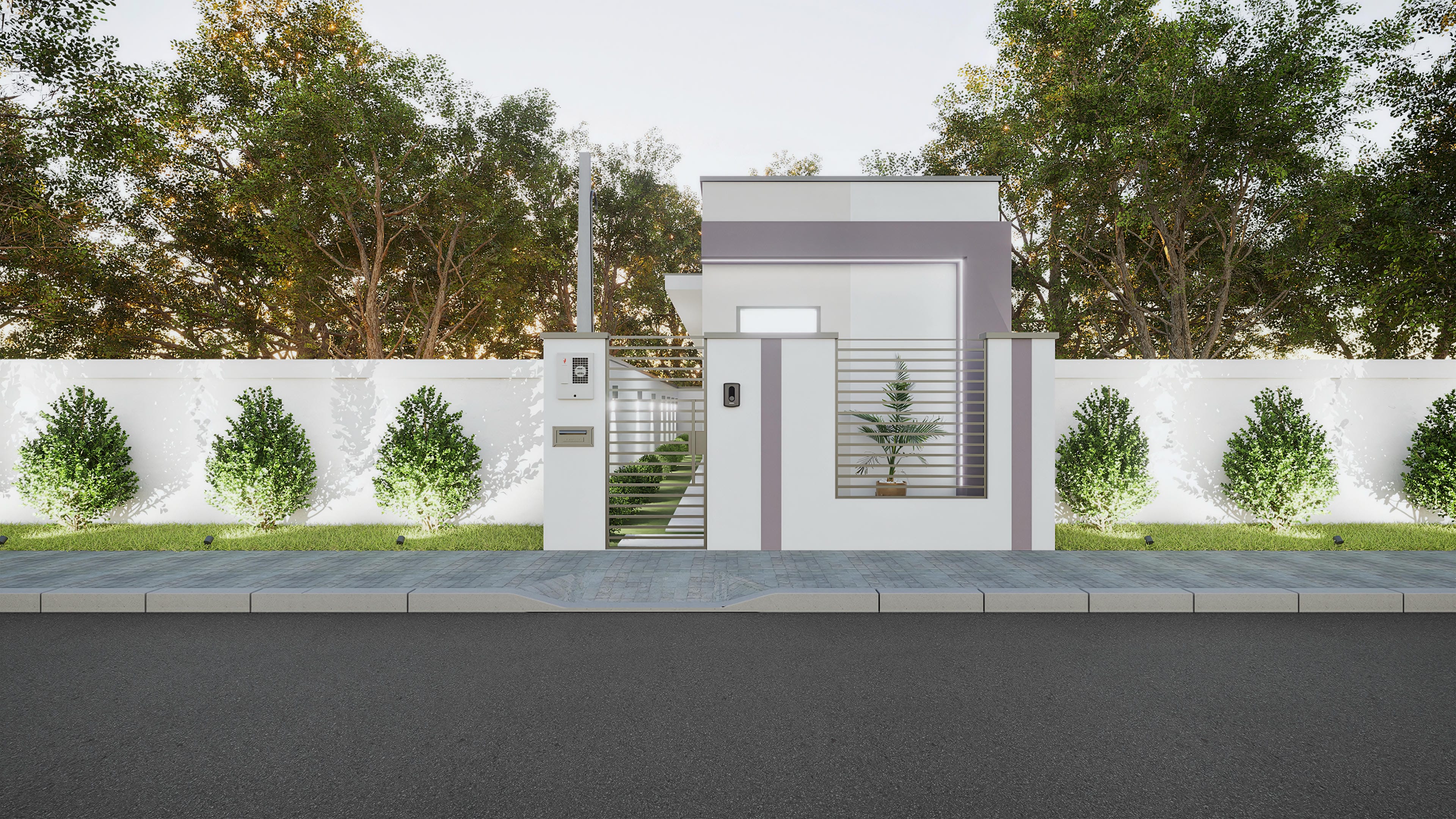Fachada de casa de una planta con diseño moderno, presentando volúmenes bien definidos en tonos de blanco y gris, portón elegante con líneas horizontales y paisajismo discreto.