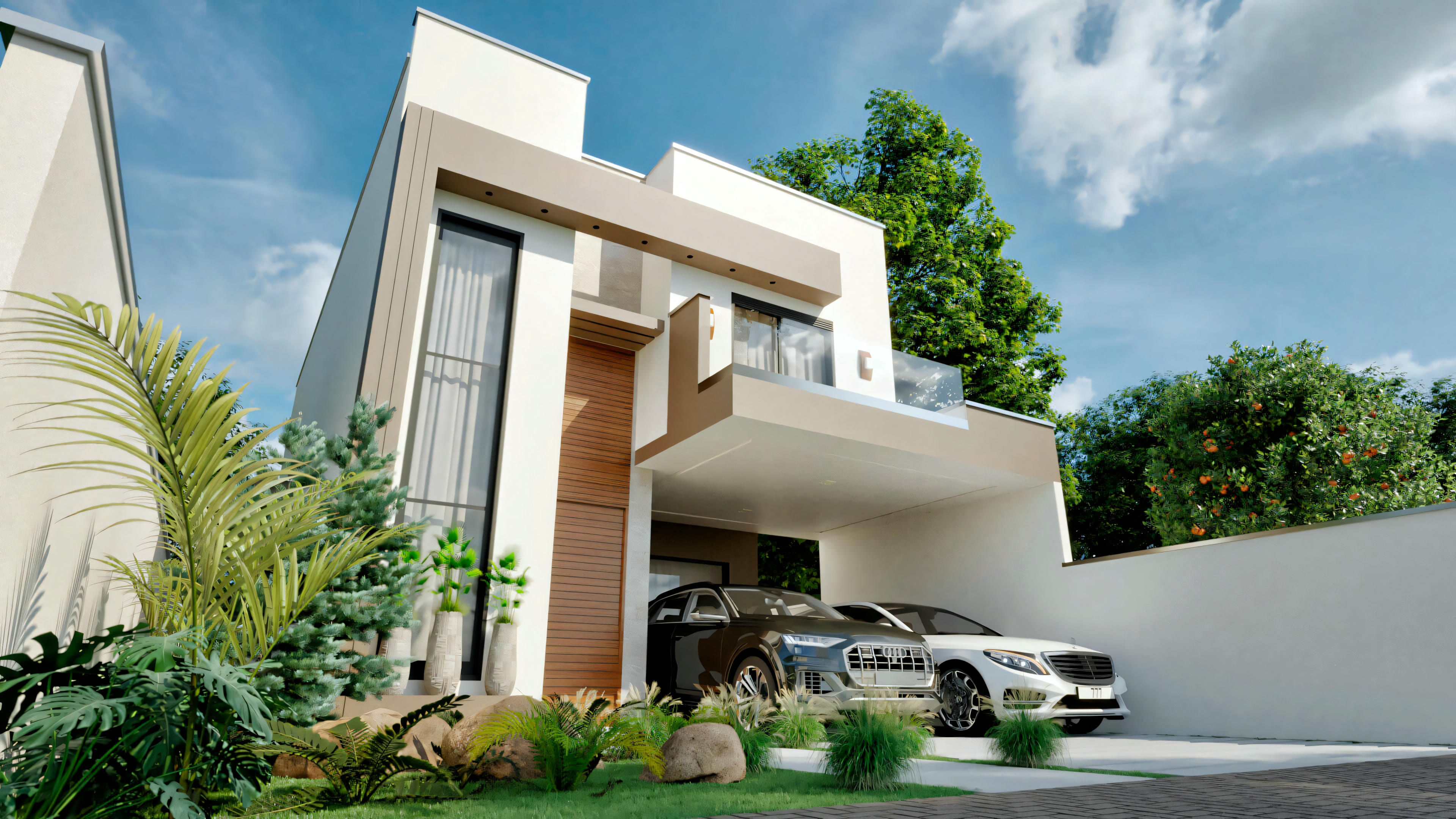 Perspectiva de la fachada de la casa de dos pisos moderna para terreno 10x25, con 3 suites, área de 194.7m² y garaje para 2 coches. Destaque para volumetría y revestimientos contemporáneos.
