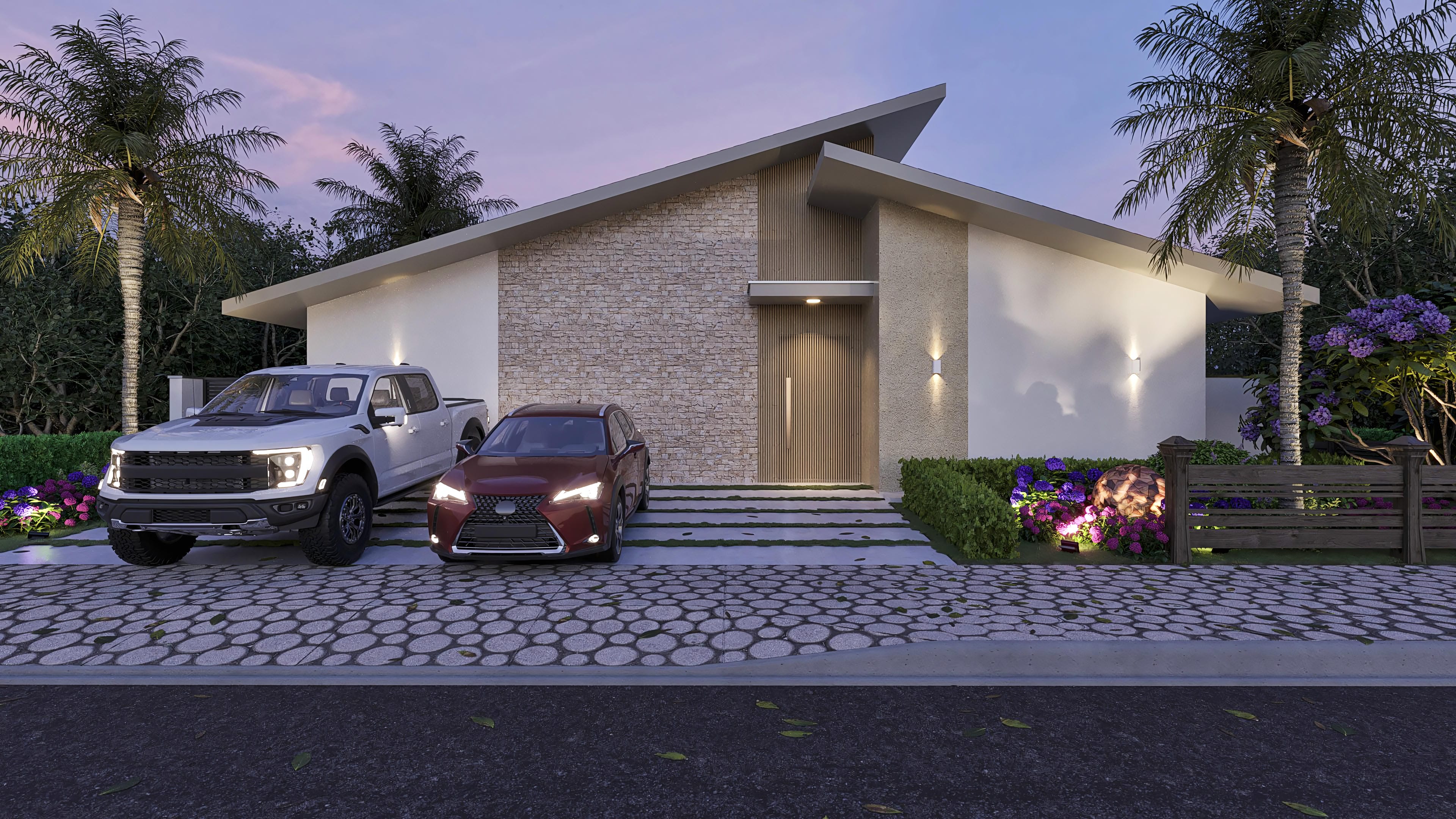 Fachada moderna de casa de una planta con 4 suites, destacando la losa inclinada, revestimiento de piedra, imponente puerta de madera alistonada y área externa con iluminación e hidromasaje.