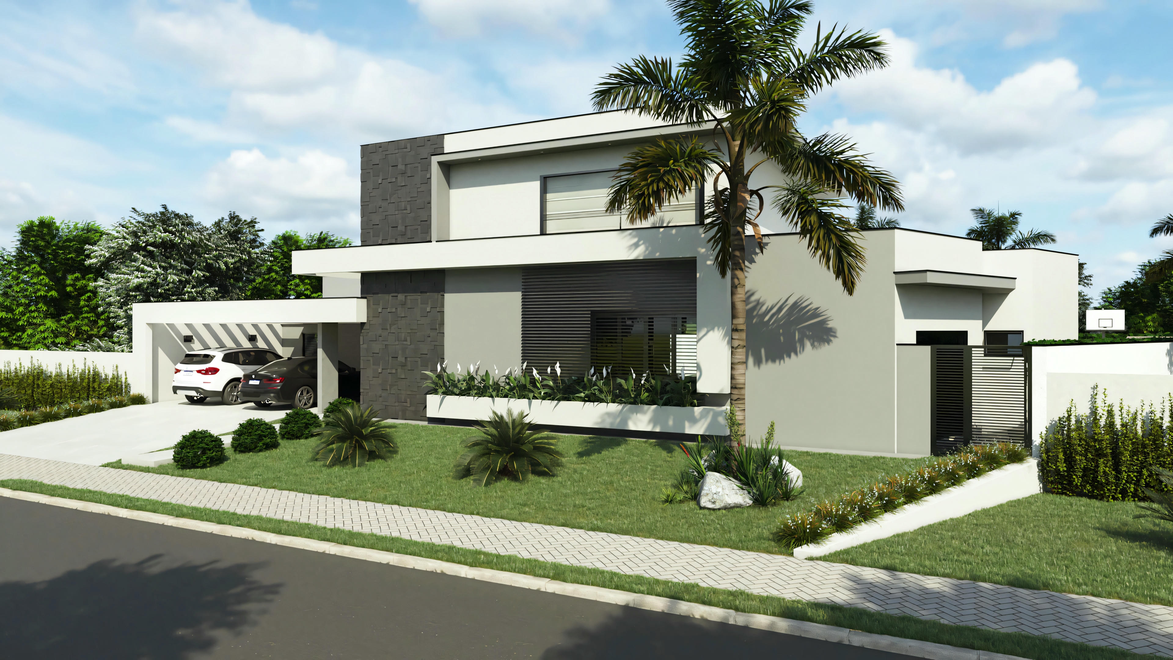 Uma casa moderna com design semelhante, incluindo uma garagem anexa.