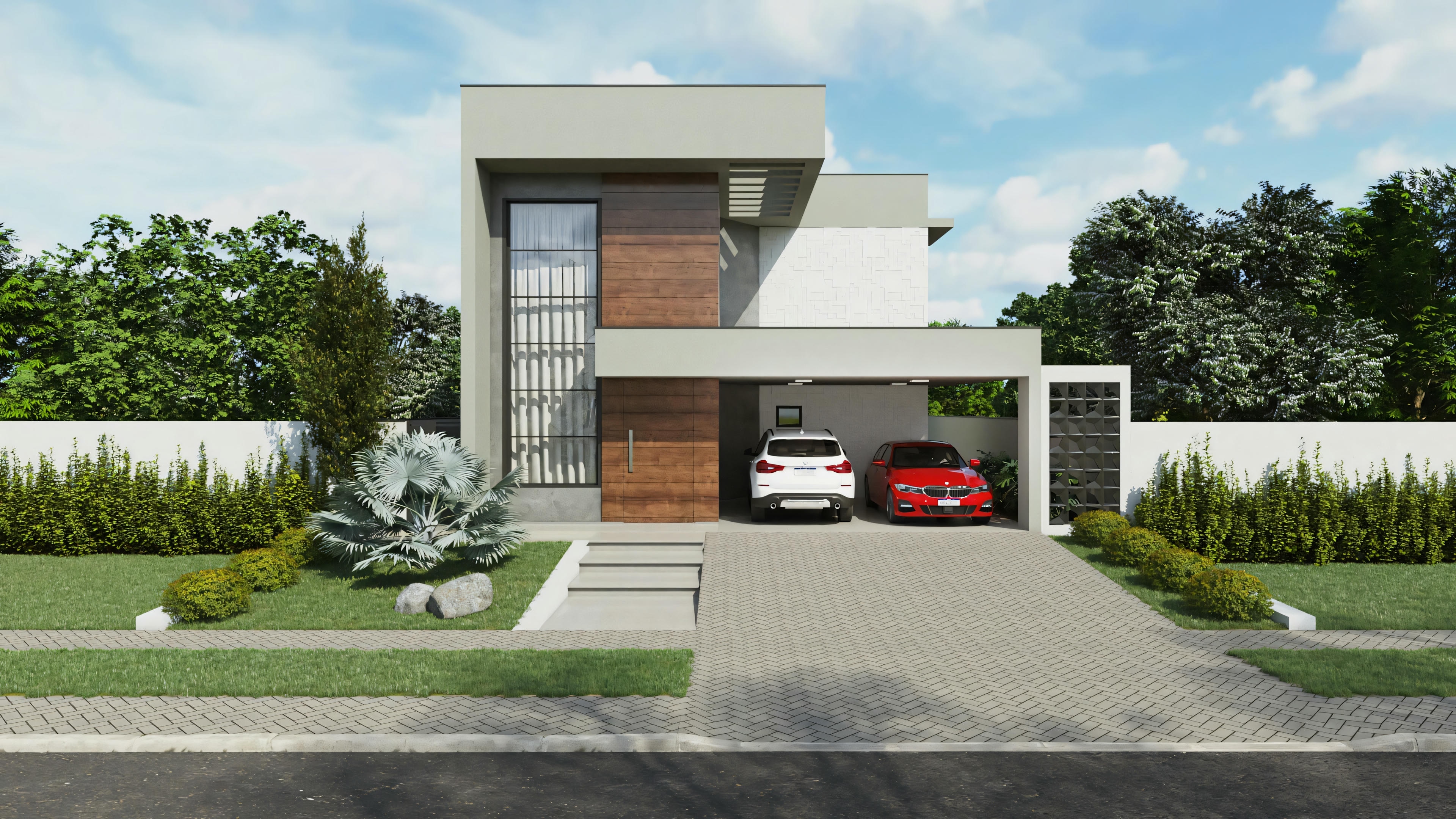 Casa moderna con fachada contemporánea, incluyendo ventanas amplias y garaje.