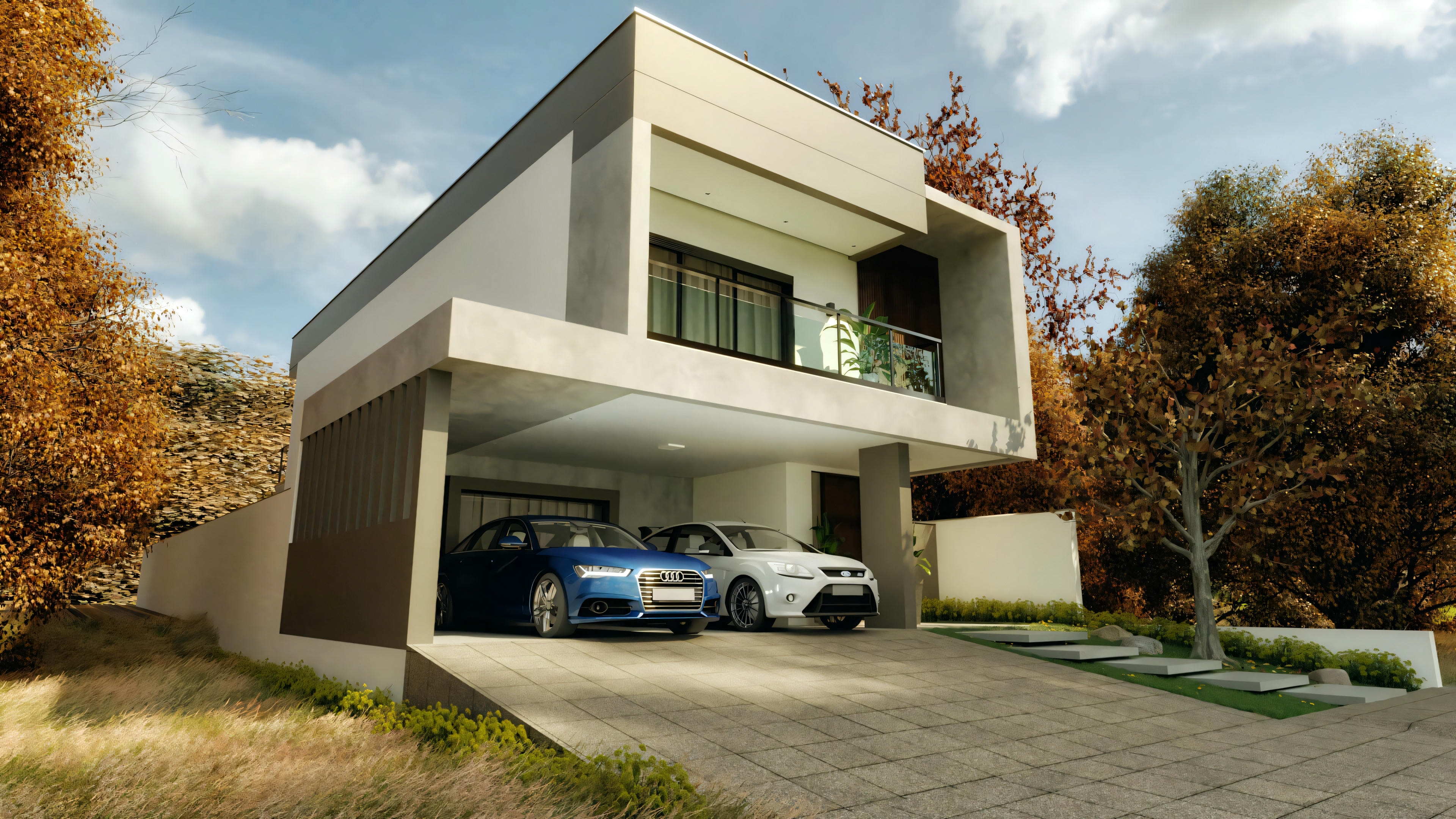 Fachada de uma casa moderna de dois andares com telhado plano, grandes janelas e garagem aberta com dois carros.