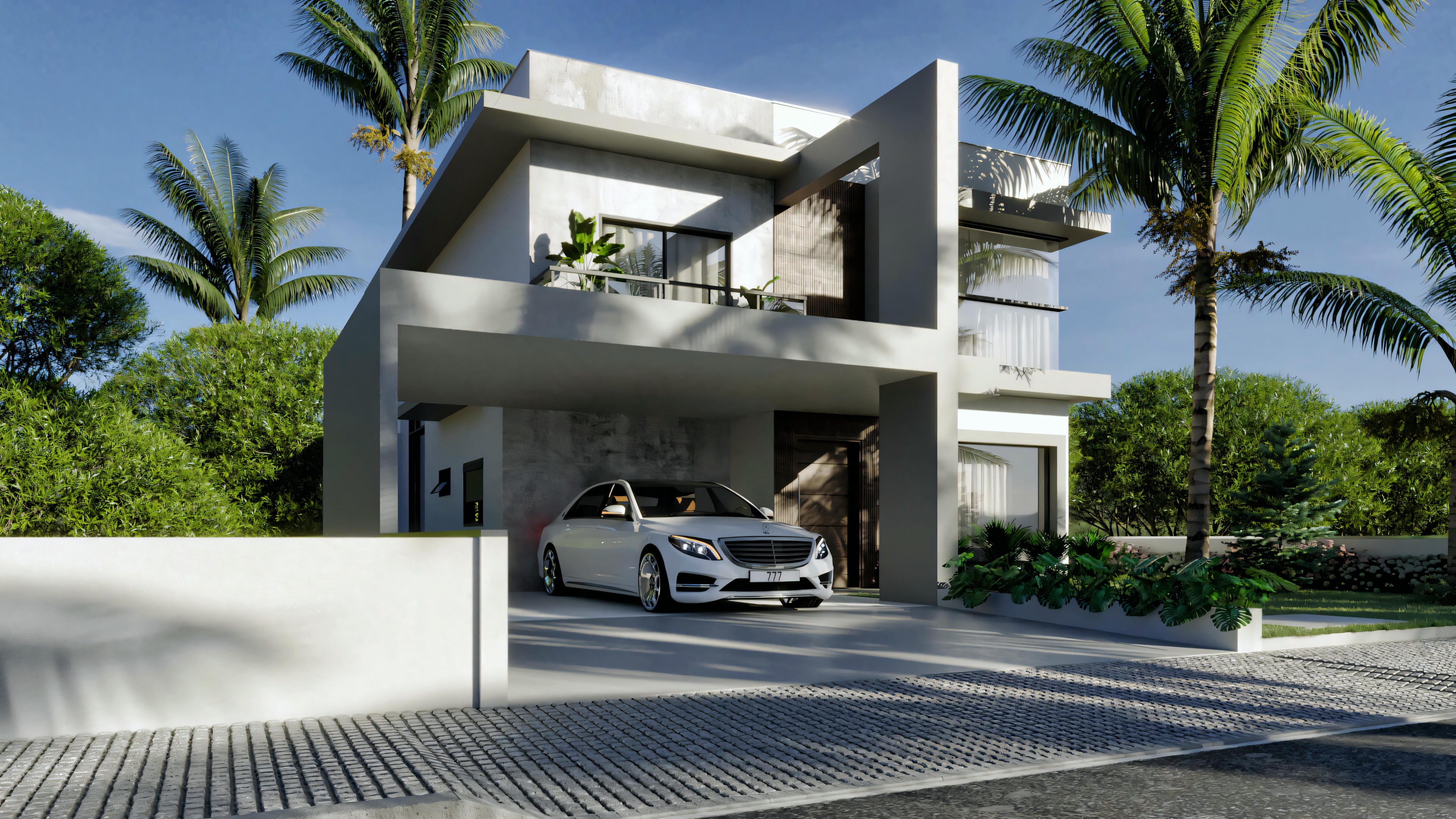 Casa moderna de dos plantas con grandes ventanales y balcones, rodeada de vegetación. Hay un coche aparcado en la entrada.
