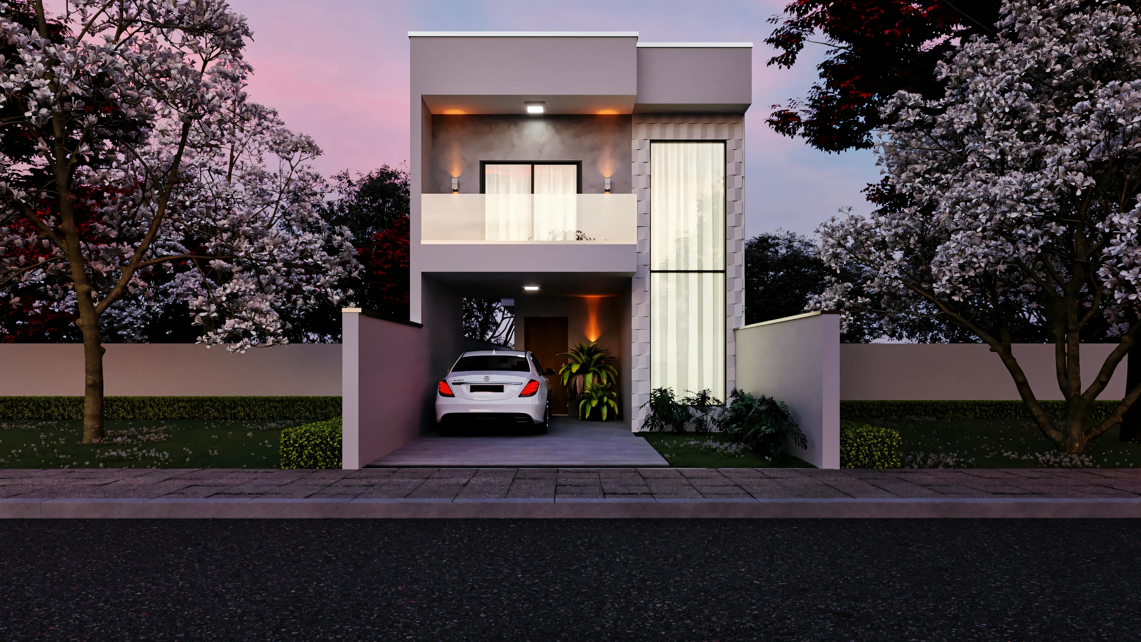 Exterior de una casa moderna de dos plantas durante el crepúsculo, con ventanas iluminadas y un coche aparcado en la entrada.