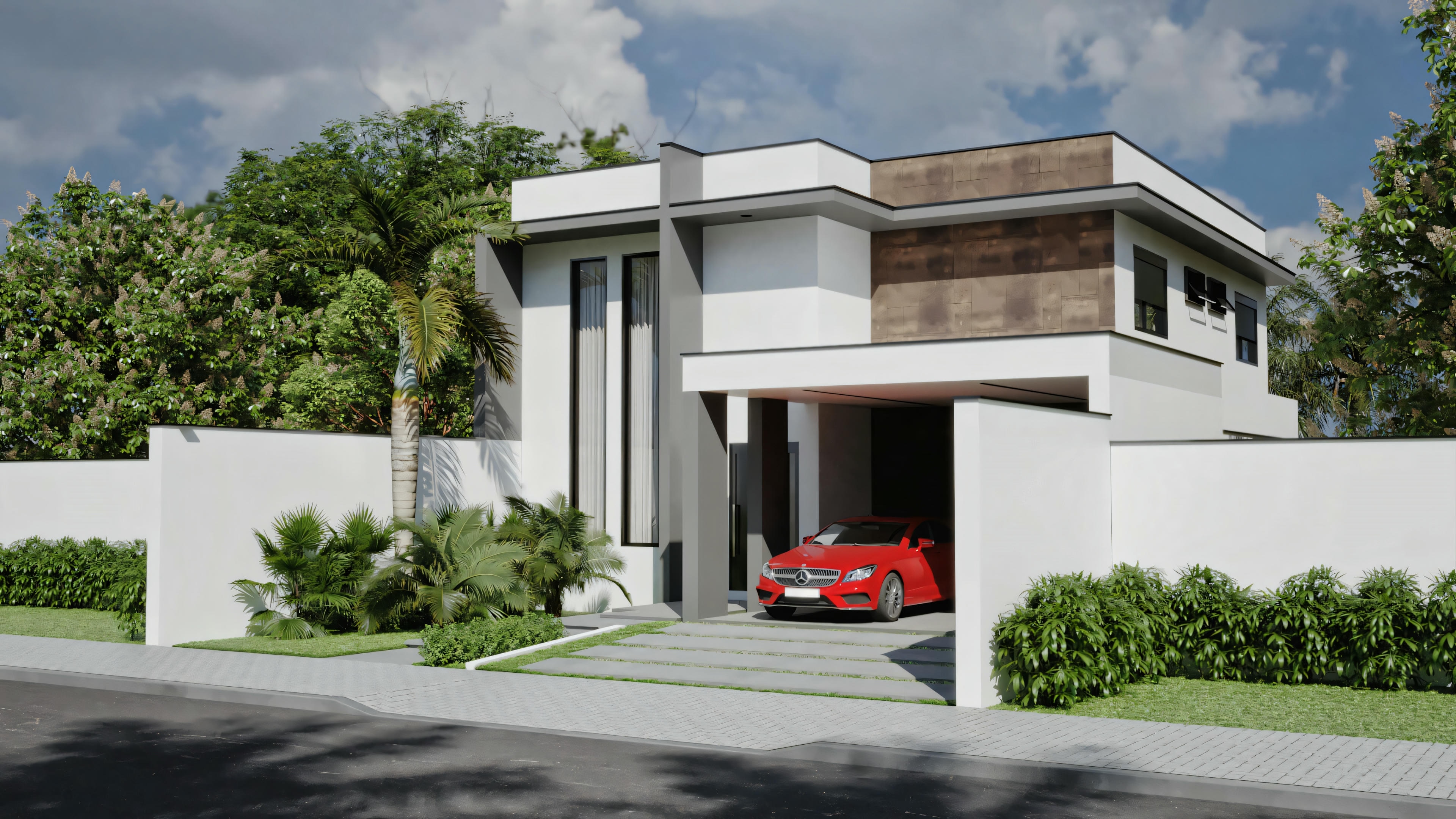 Casa moderna con puerta de garaje roja abierta y coche rojo estacionado dentro.