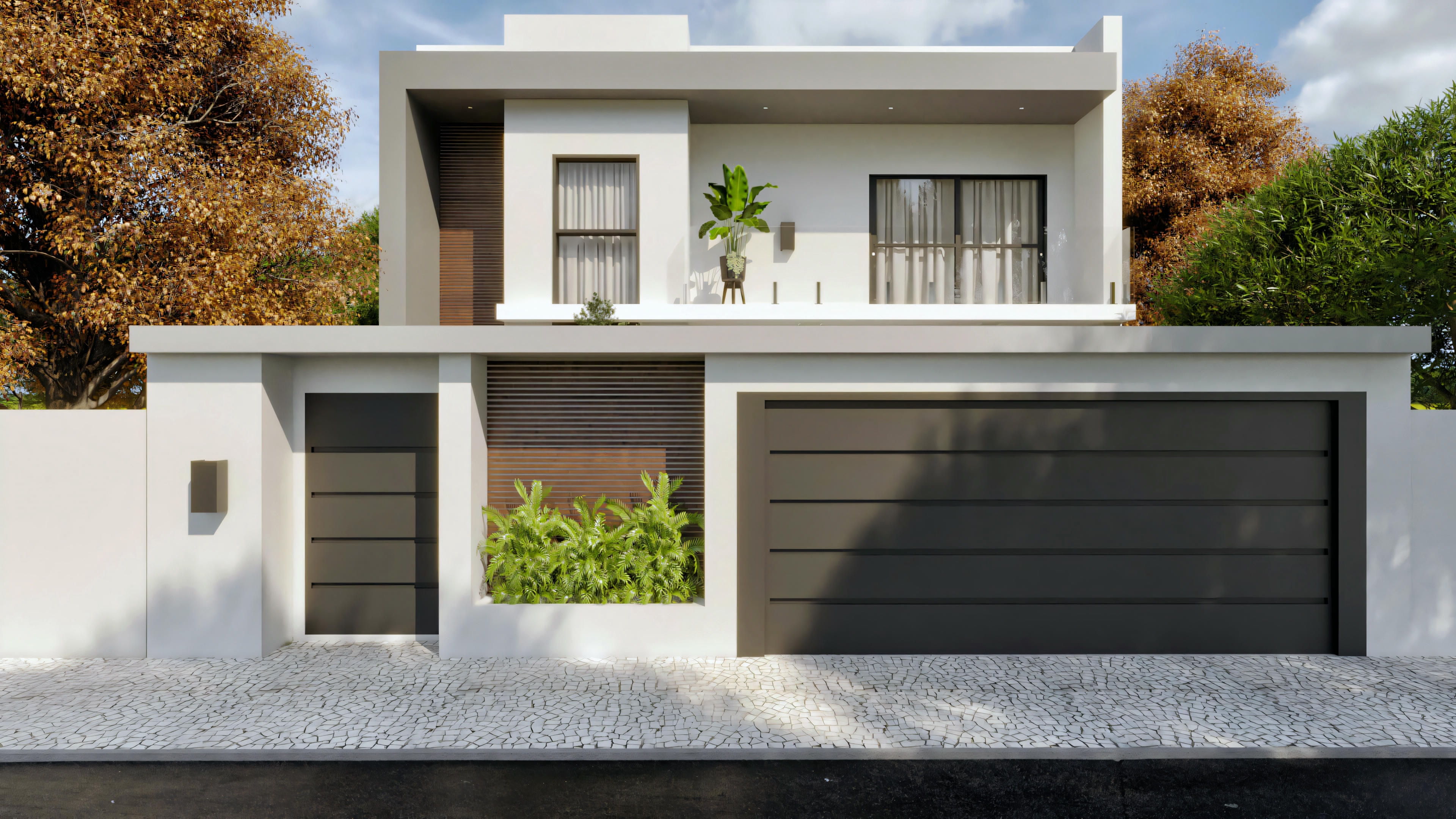 Una casa moderna con techo plano, grandes ventanas y puerta de garaje, rodeada de vegetación y cielo despejado al fondo.