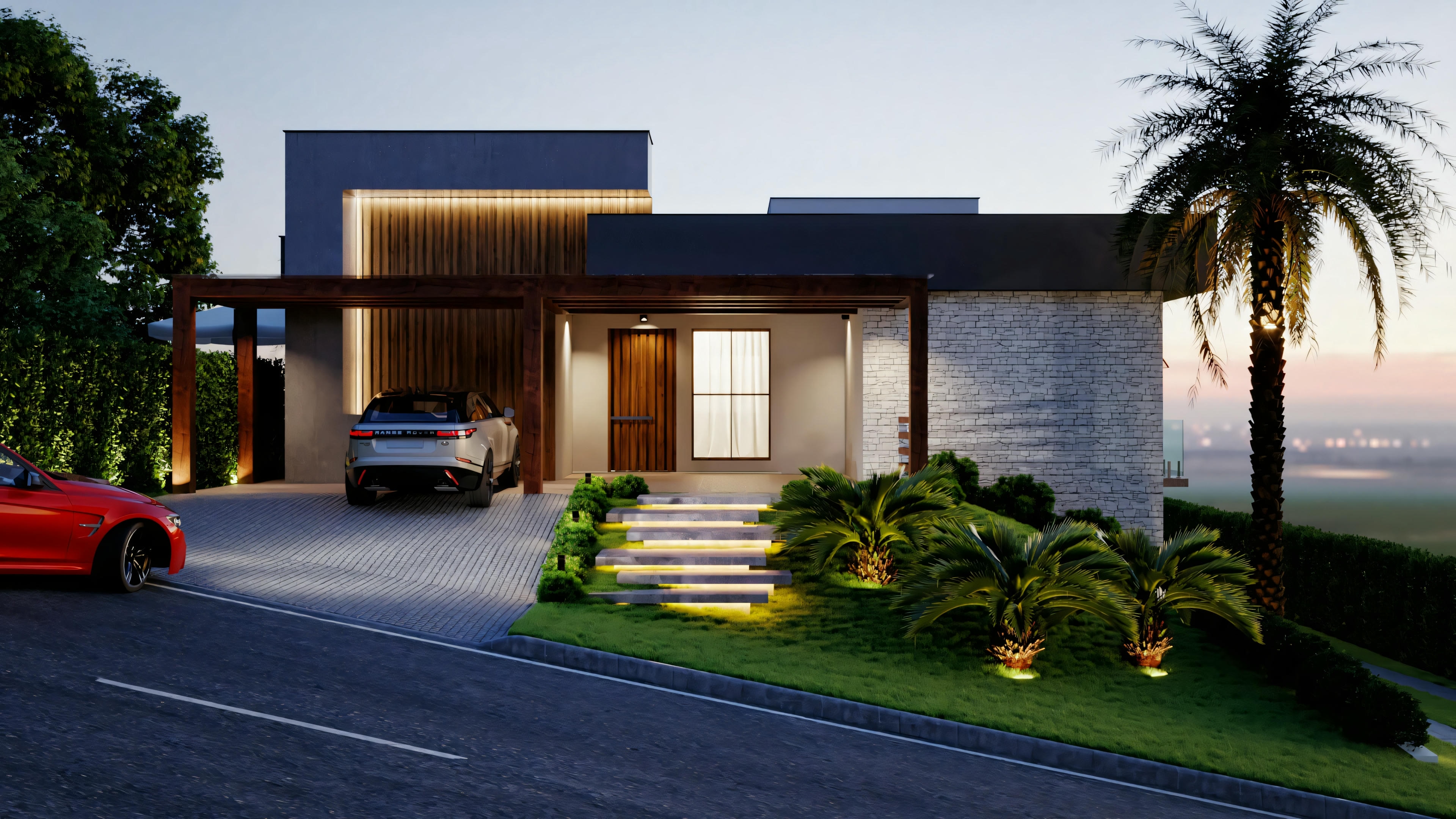 Otra casa moderna de una planta, mostrada al atardecer con iluminación interna visible a través de las ventanas y un coche blanco estacionado afuera.
