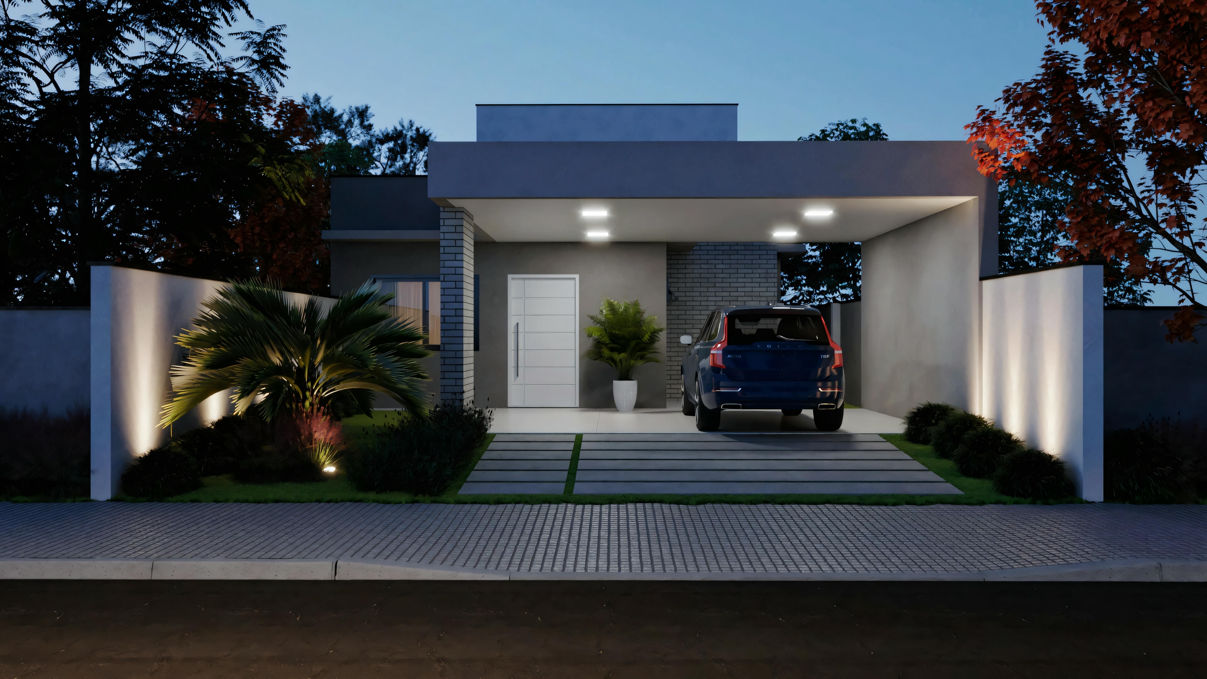 Casa moderna con techo plano, entrada iluminada y coche estacionado en la entrada.