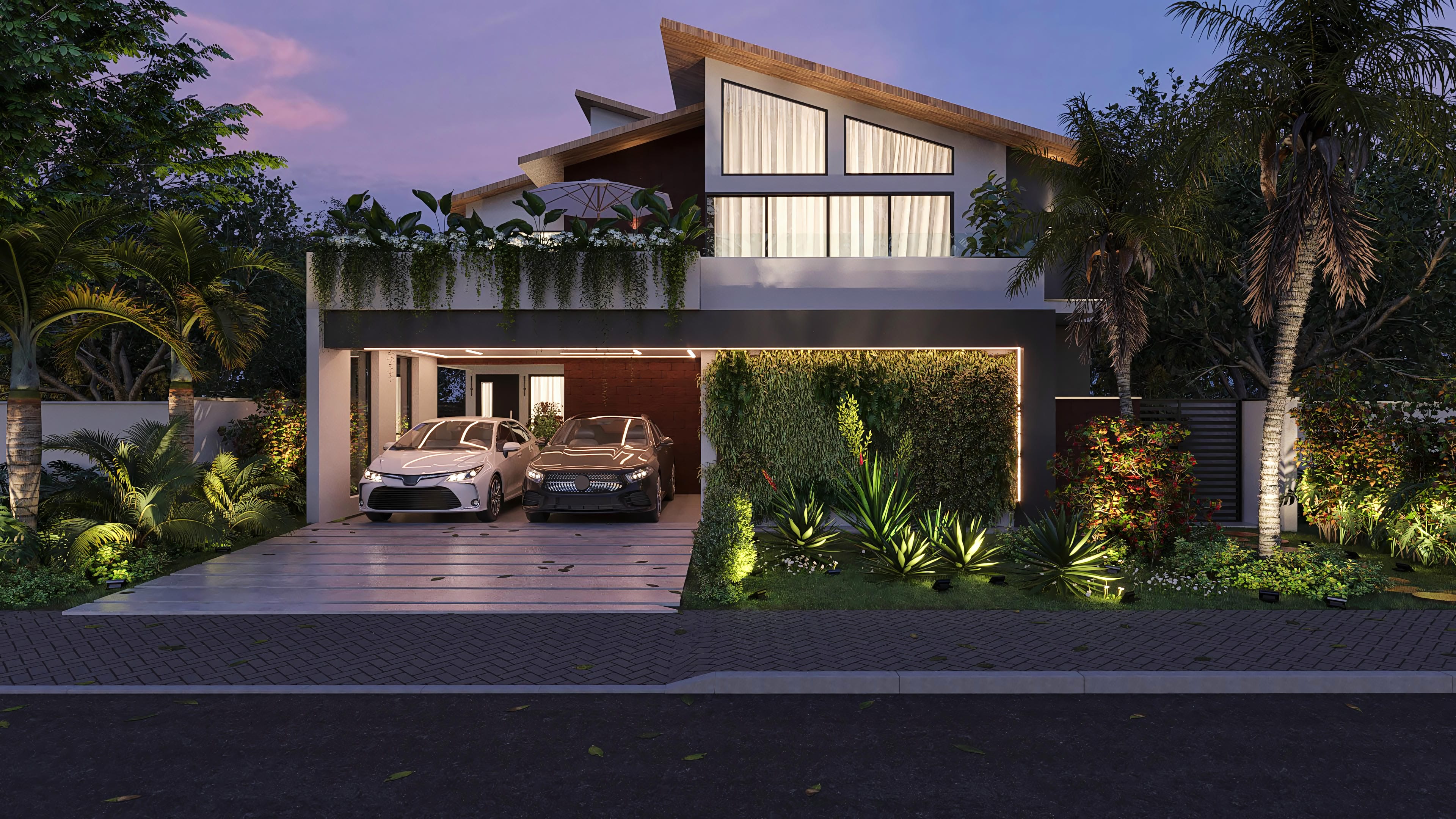 Fachada moderna de casa con techo visto, amplios ventanales, área gourmet con paisajismo exuberante e iluminación planificada.