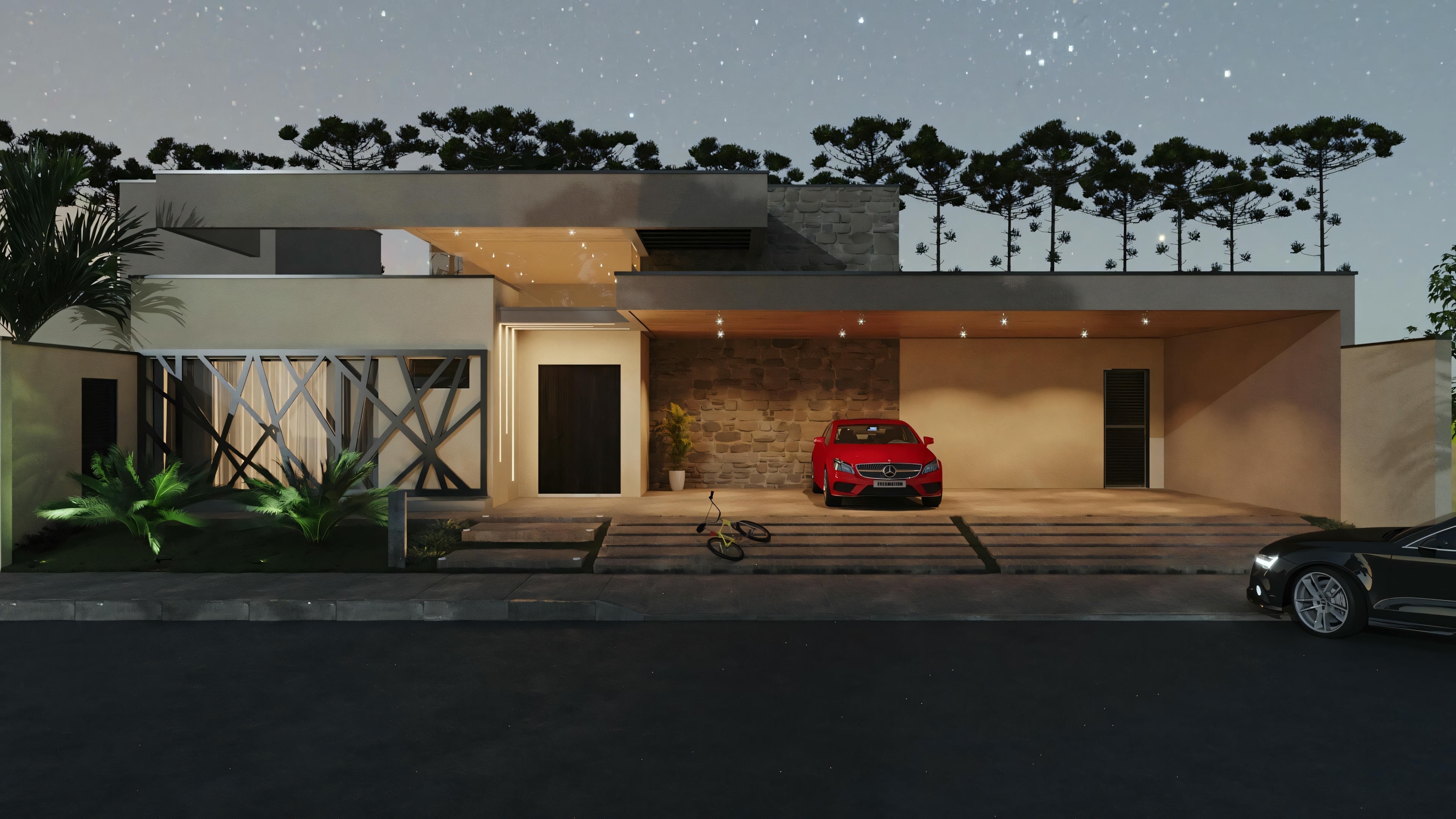 A mesma casa moderna de um andar, desta vez mostrada ao entardecer, com iluminação externa acesa.