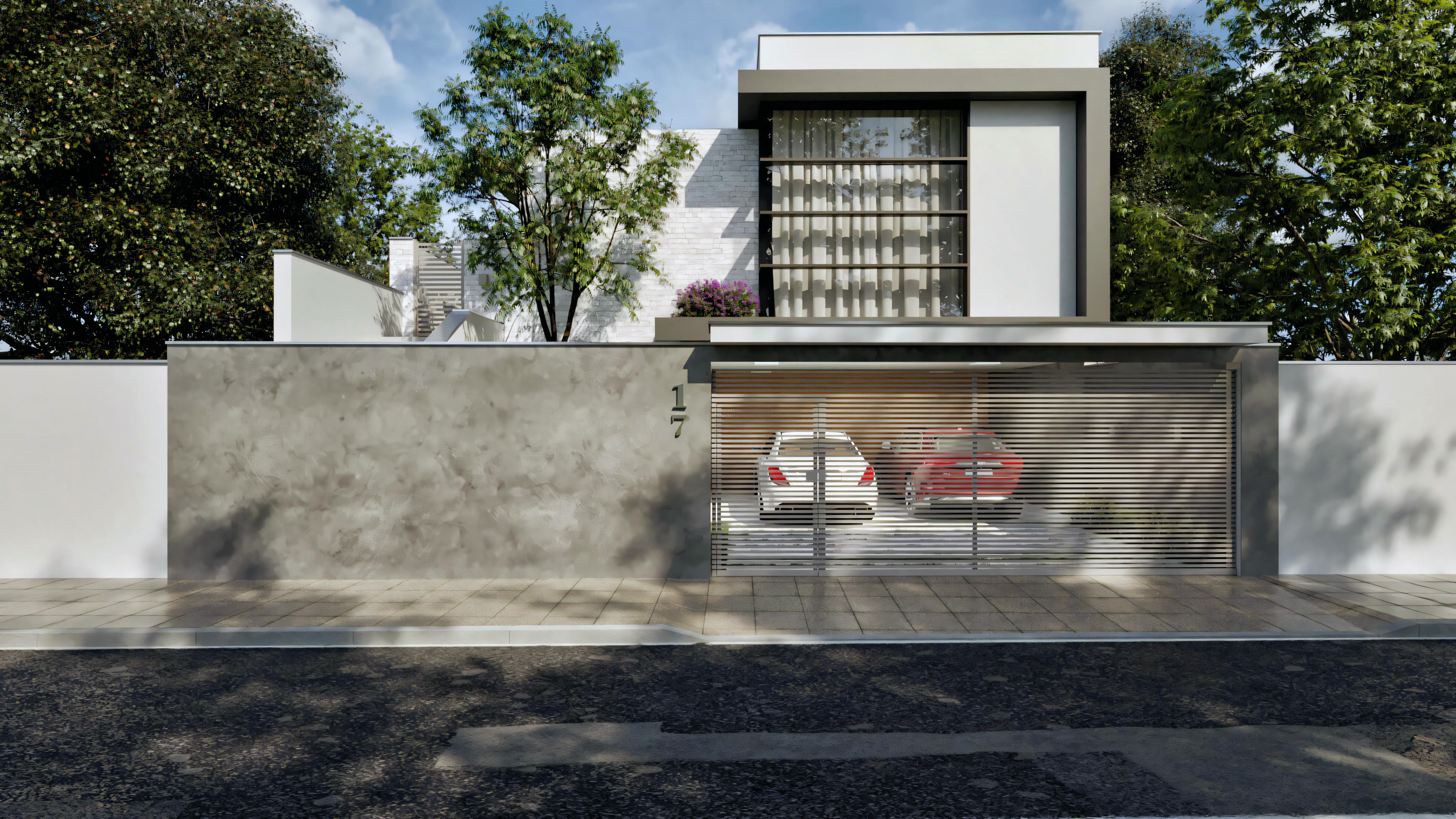 Fachada de uma casa moderna de um andar com telhado inclinado e jardim frontal.