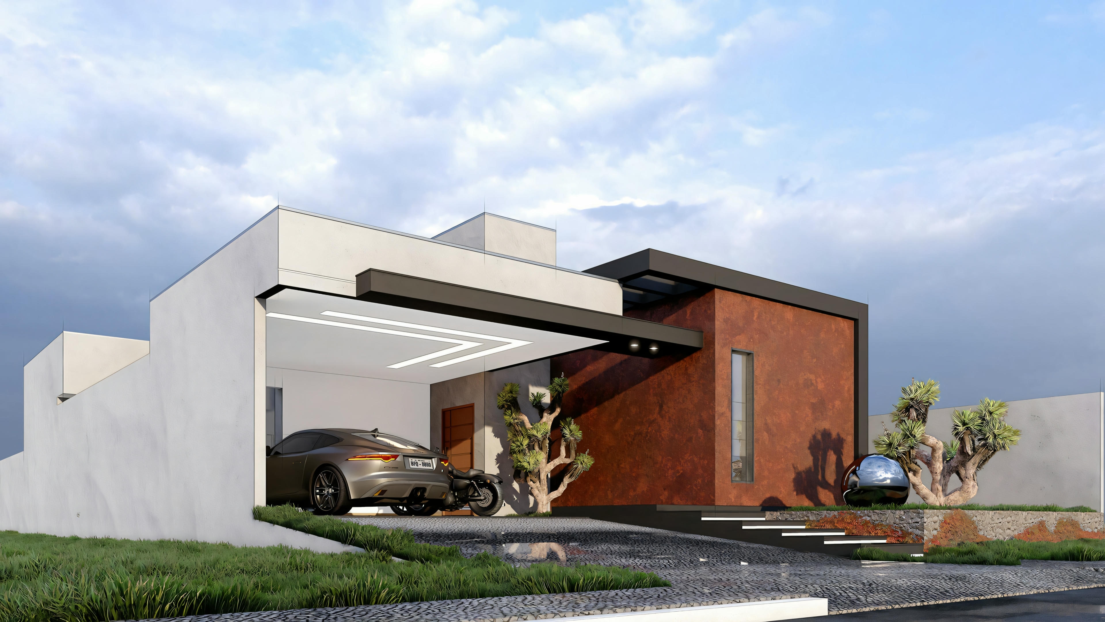 Una casa con techo plano, ventanas amplias, un garaje abierto con un coche visible dentro y paisajismo con césped y arbustos.