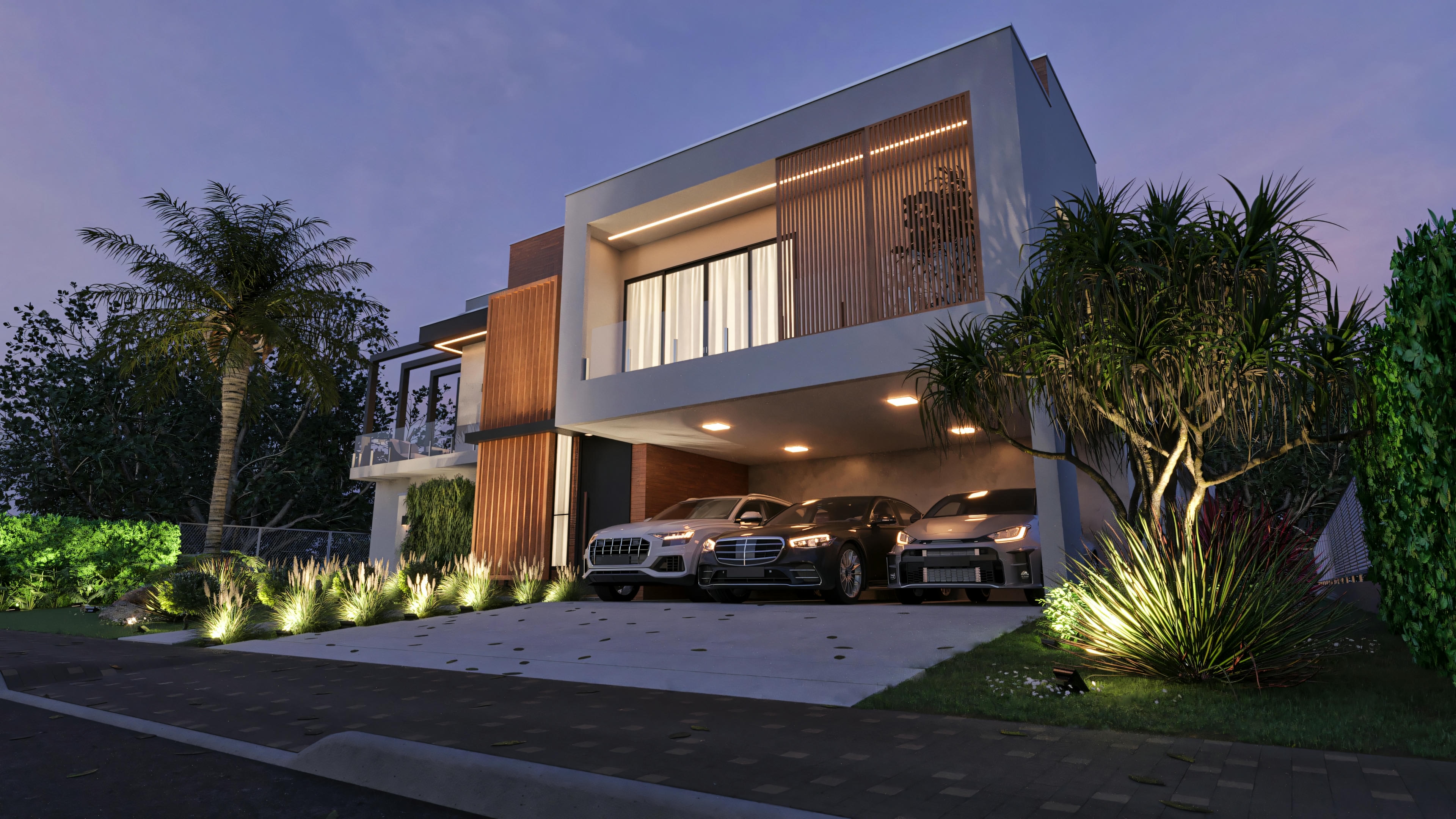 Modern facade with garage.