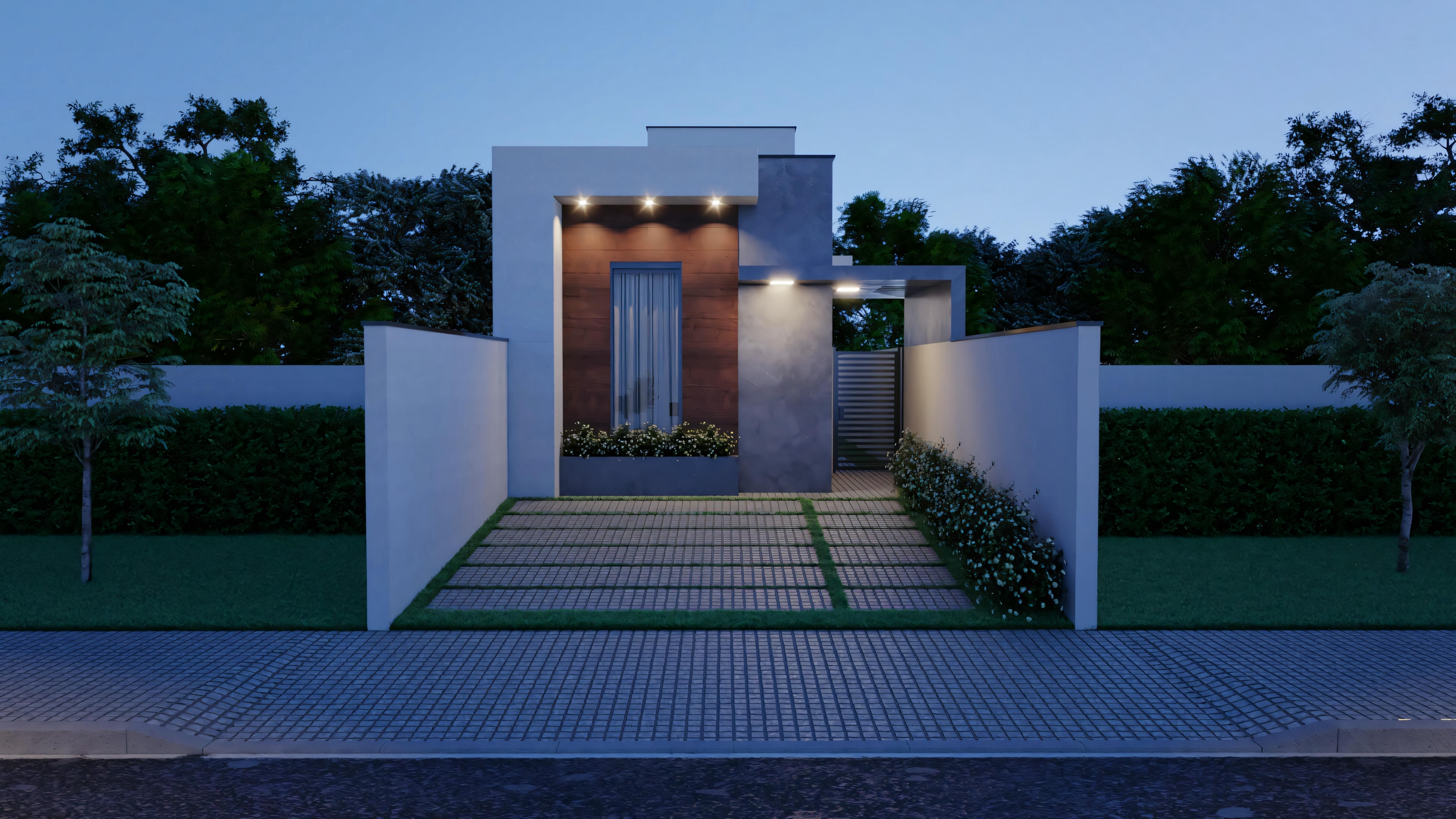 Vista externa de uma casa moderna ao entardecer, com entrada bem iluminada, paredes e caminho que leva à porta da frente.