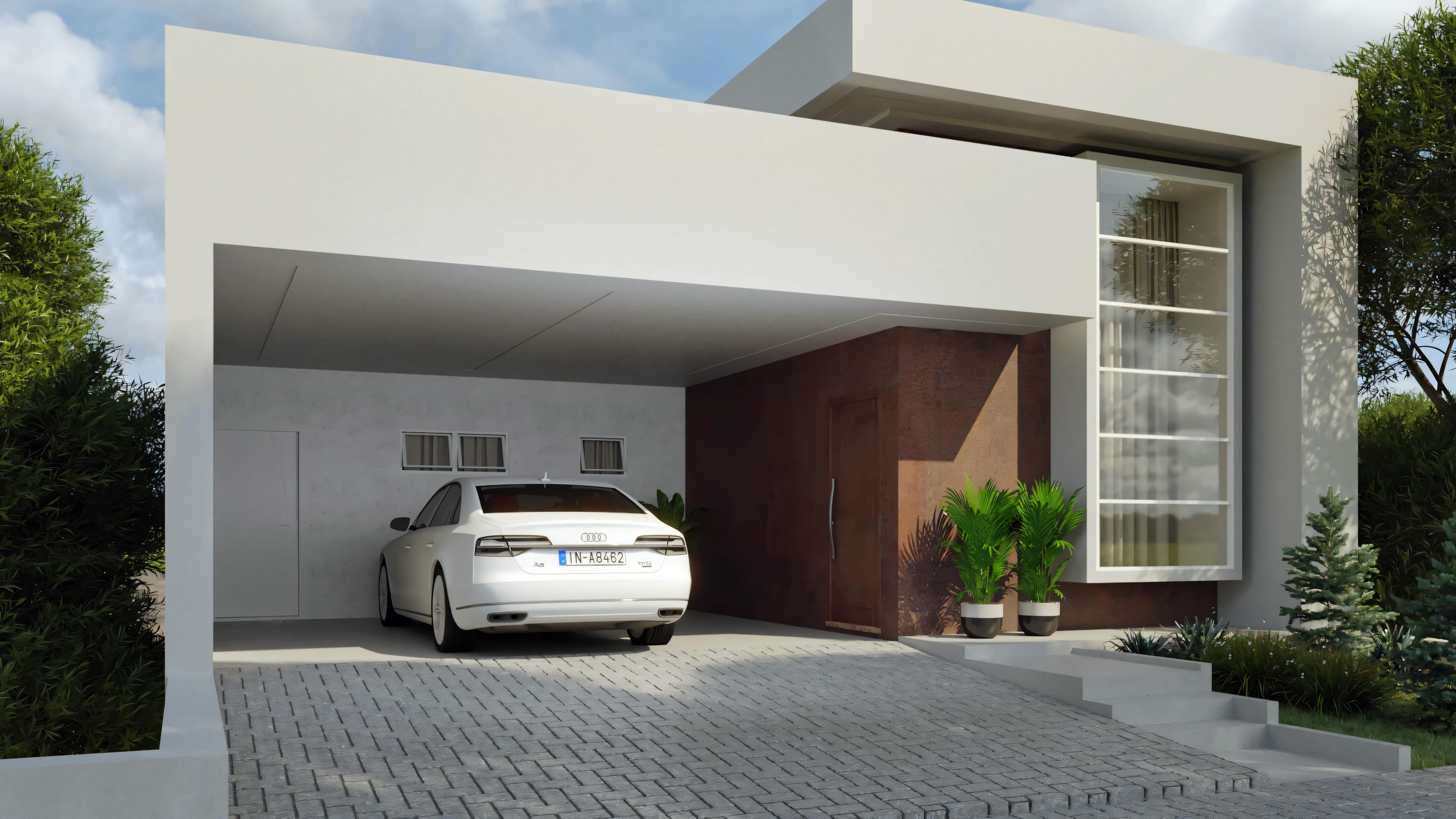 Exterior de una casa moderna con grandes ventanas, techo plano y rodeada de vegetación. Hay un coche aparcado en la entrada.
