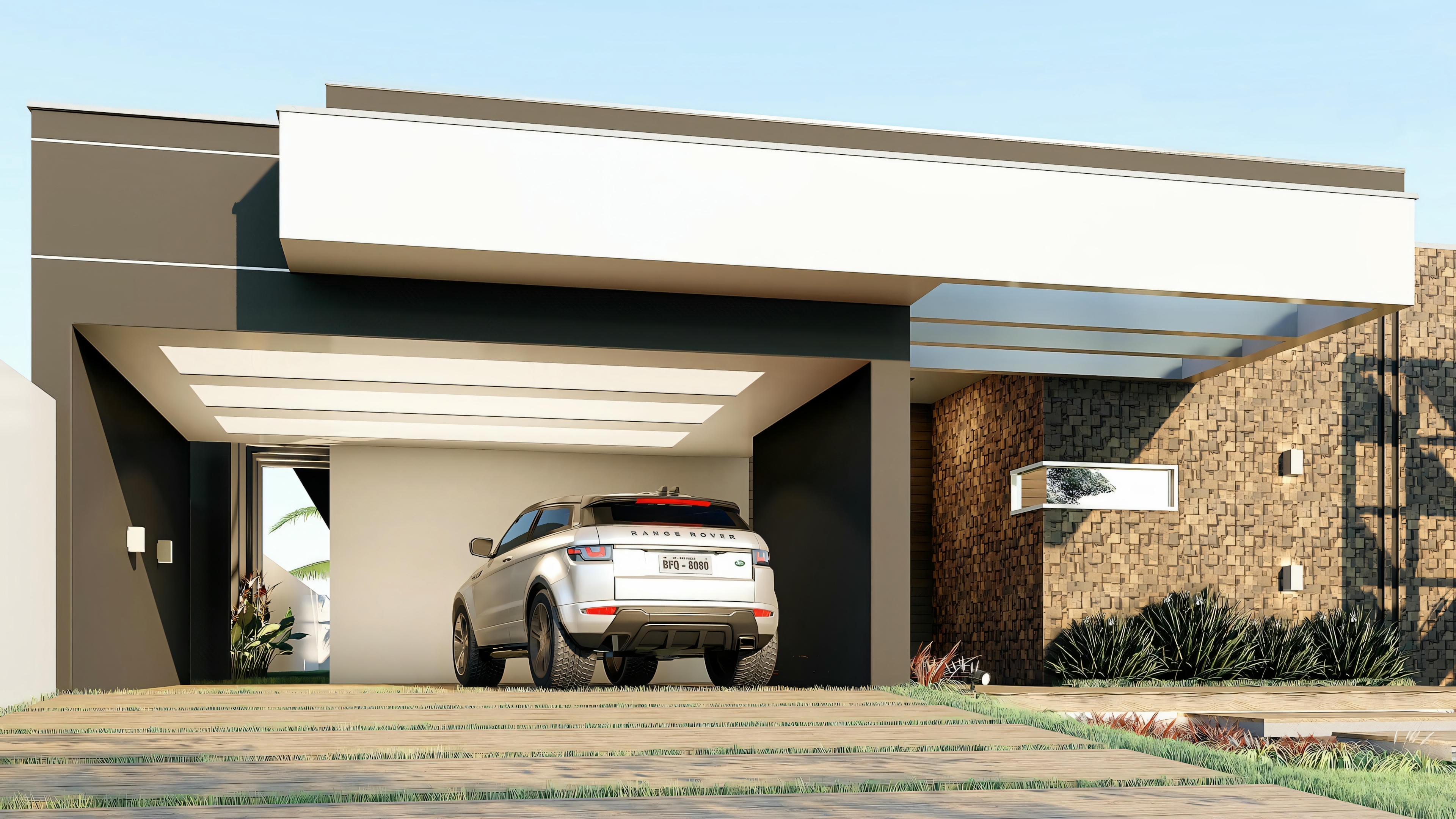A modern single-story house with a flat roof and minimalist facade.