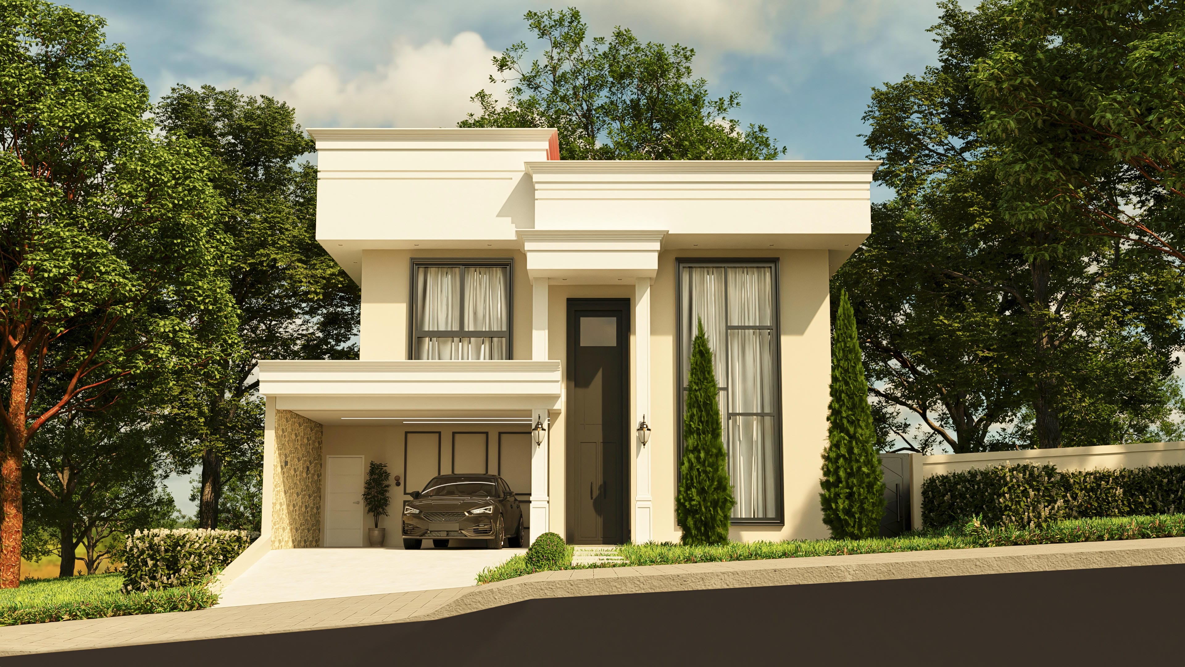 Fachada de casa de dos niveles moderna con elementos clásicos, color blanco roto, amplias ventanas y detalles en molduras, complementada por un paisajismo exuberante y garaje integrado.