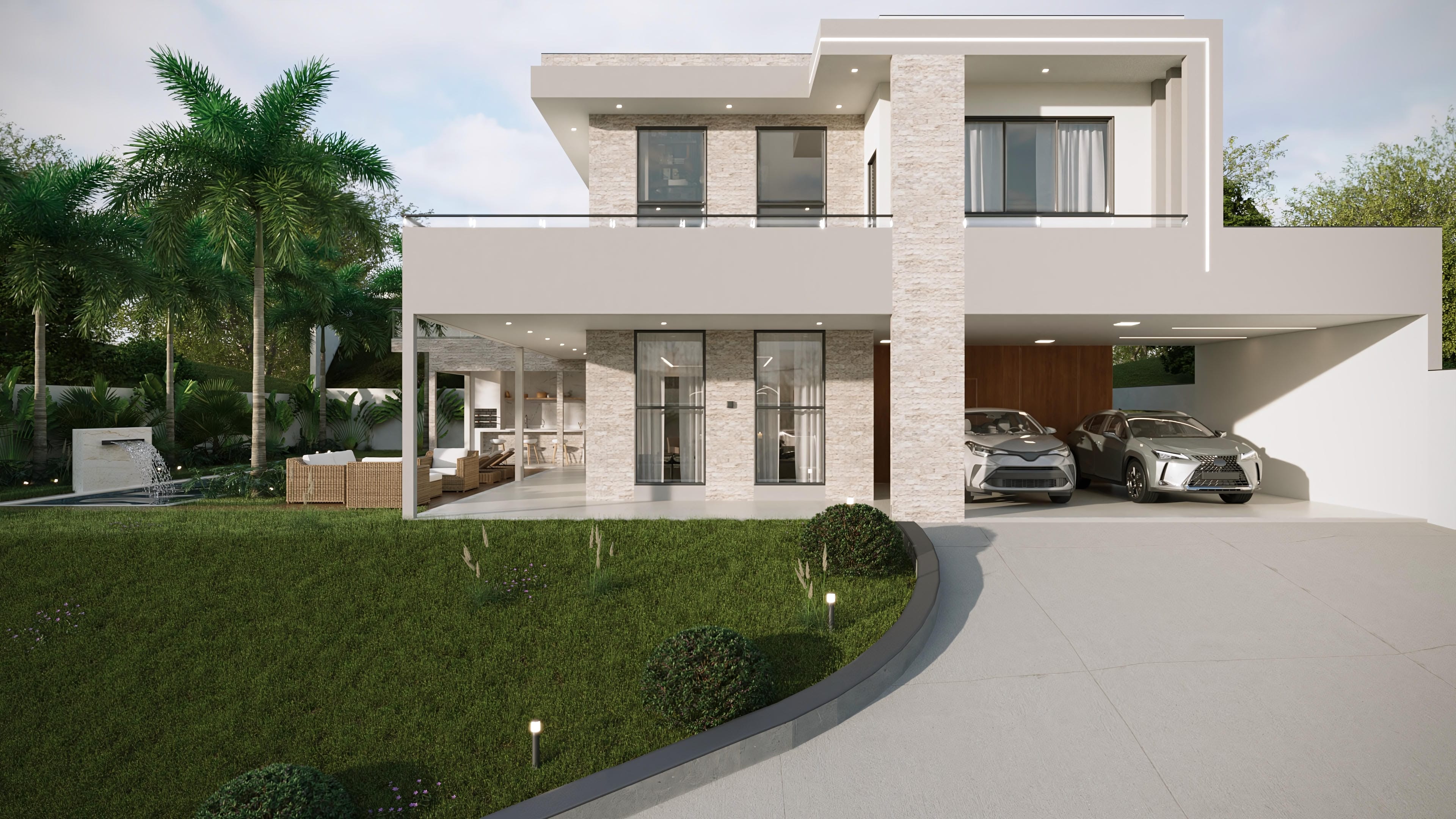 Fachada de casa de dos plantas moderna con 4 suites, destacando volúmenes en hormigón y piedra, amplias ventanas, área gourmet integrada y piscina.