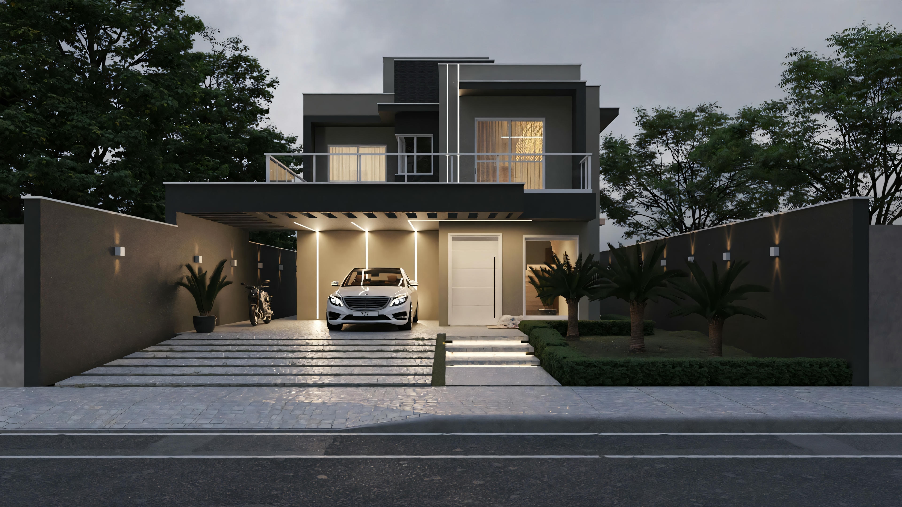Fachada de una casa moderna al anochecer, con iluminación destacando sus características.