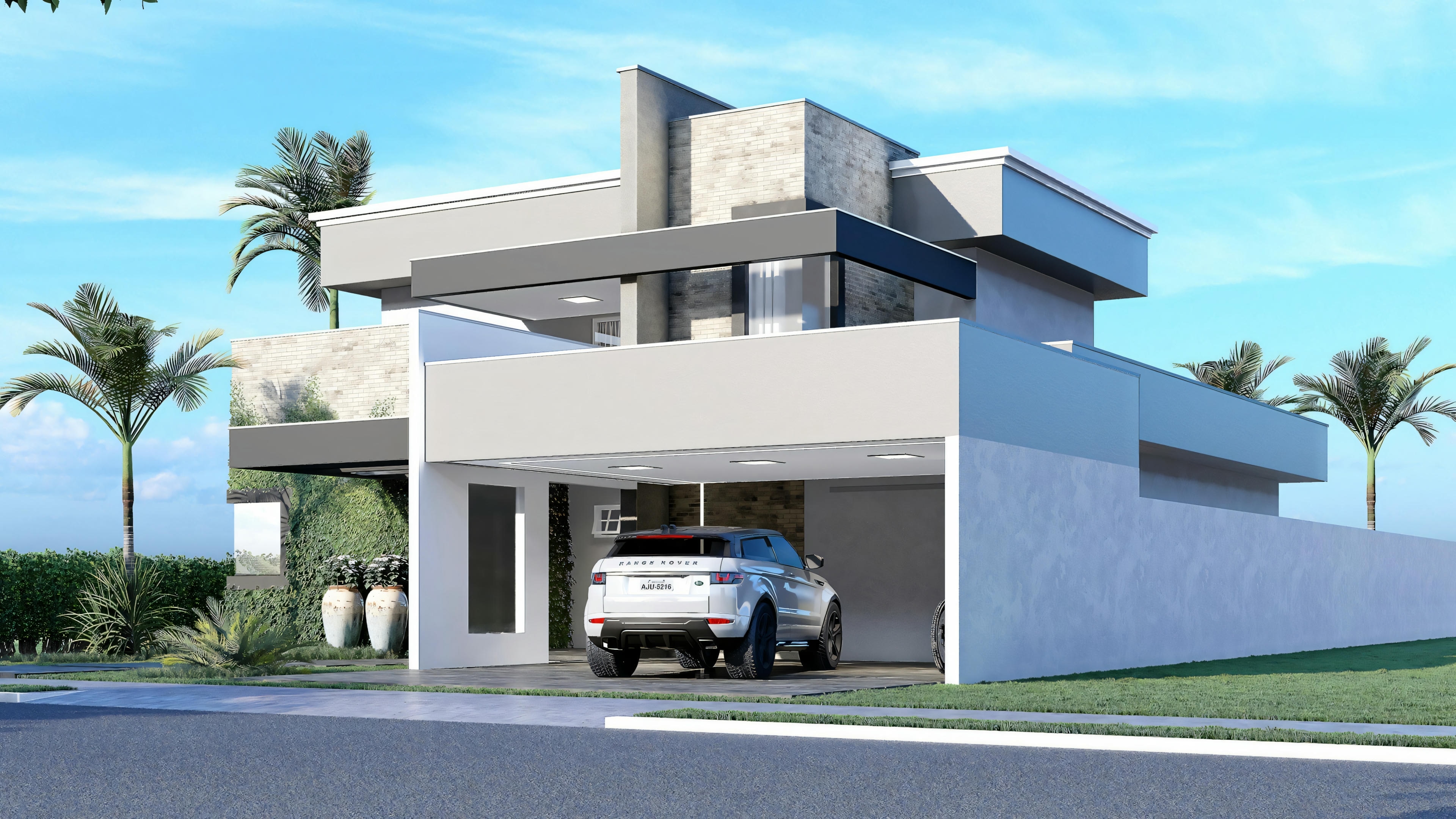 Fachada de una casa moderna de dos pisos con grandes ventanas y techos planos.