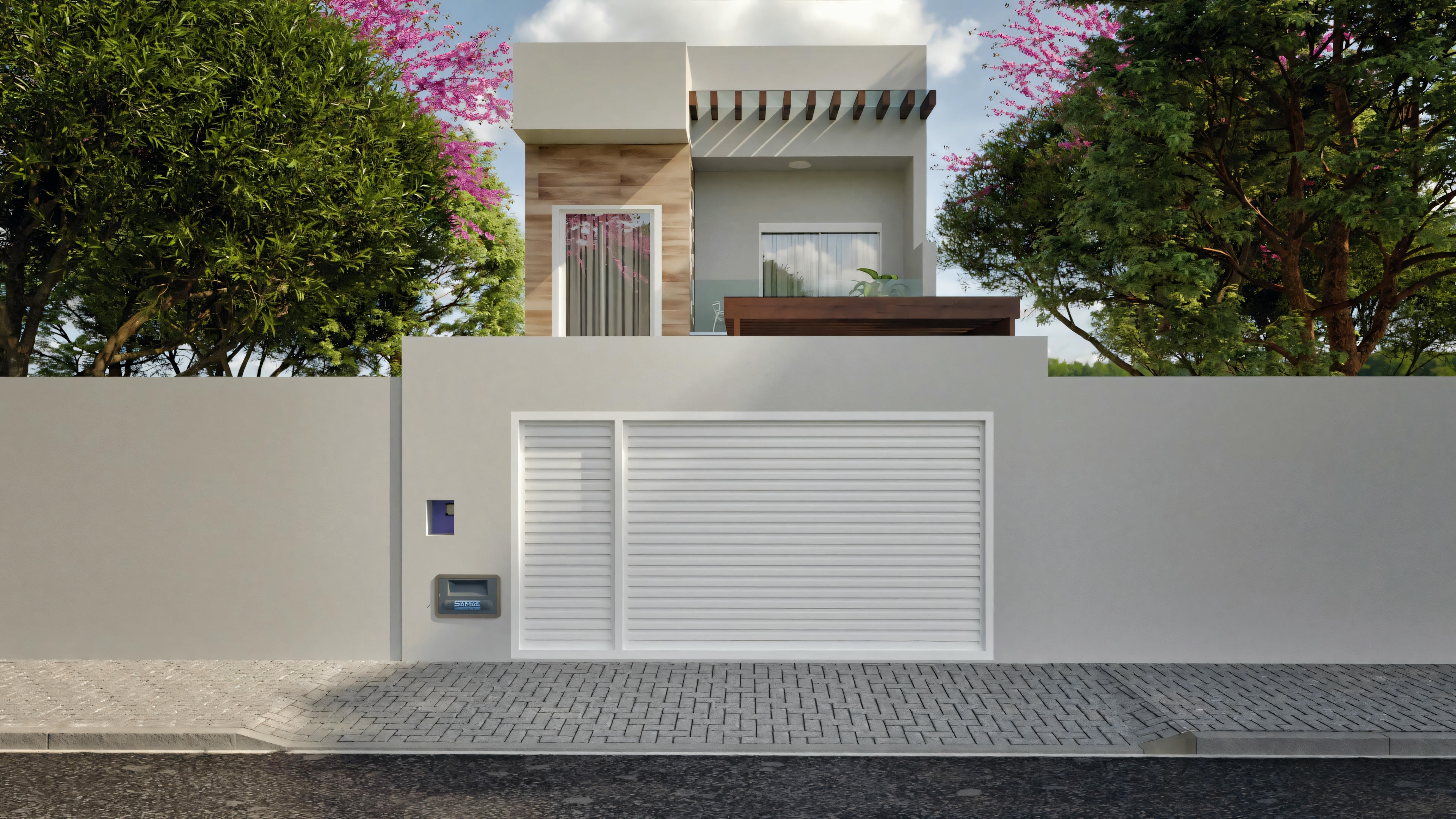 Fachada de una casa moderna con puerta de garaje, camino de entrada y vegetación alrededor.