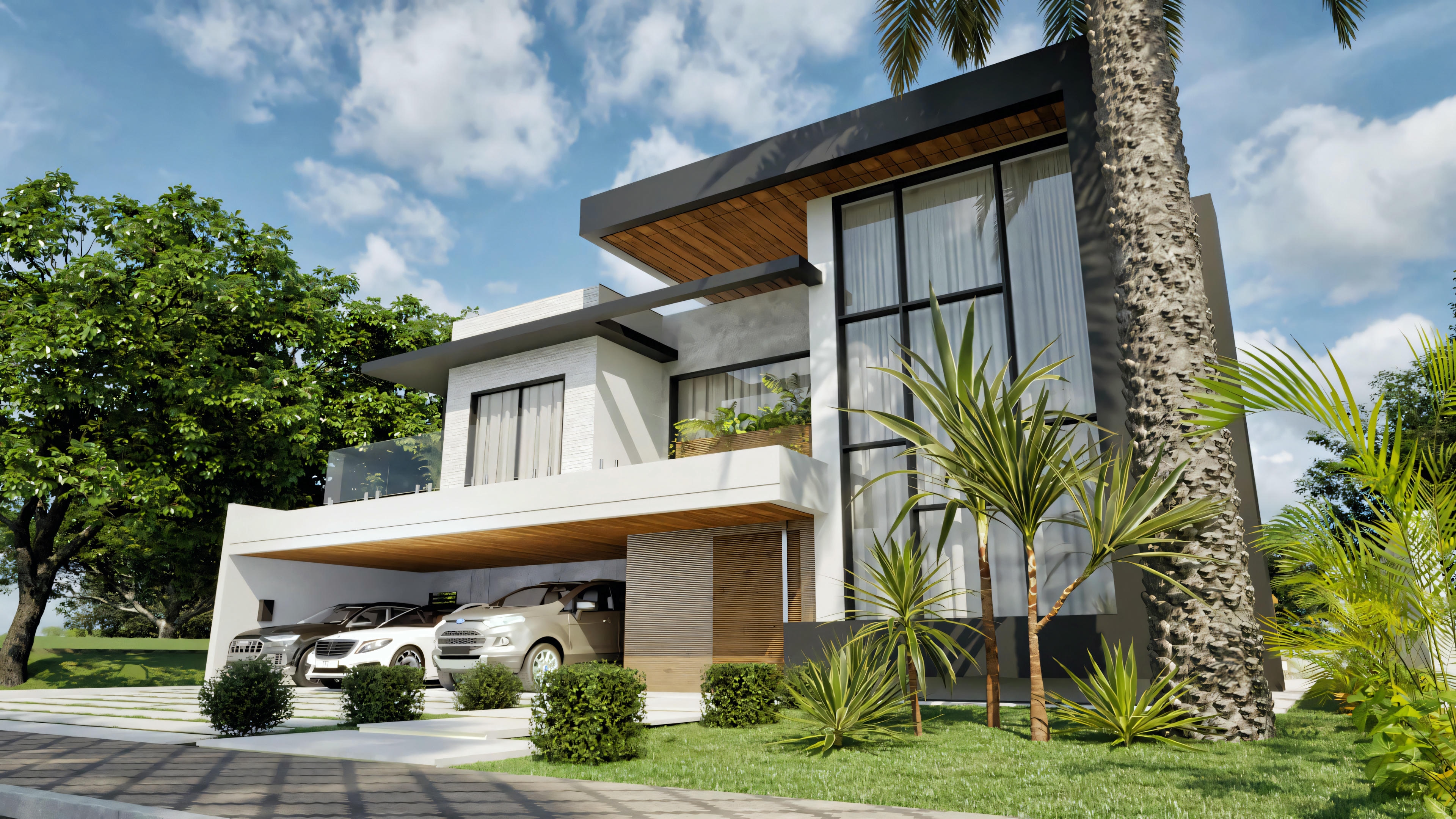Proyecto de casa moderna e imponente con fachada detallada exhibiendo garaje para 3 autos, doble altura acristalada y paisajismo. Casa con 555.9m² de área, 4 suites, en terreno de 20x35 metros.