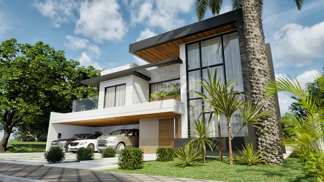 Proyecto de casa moderna e imponente con fachada detallada exhibiendo garaje para 3 autos, doble altura acristalada y paisajismo. Casa con 555.9m² de área, 4 suites, en terreno de 20x35 metros.